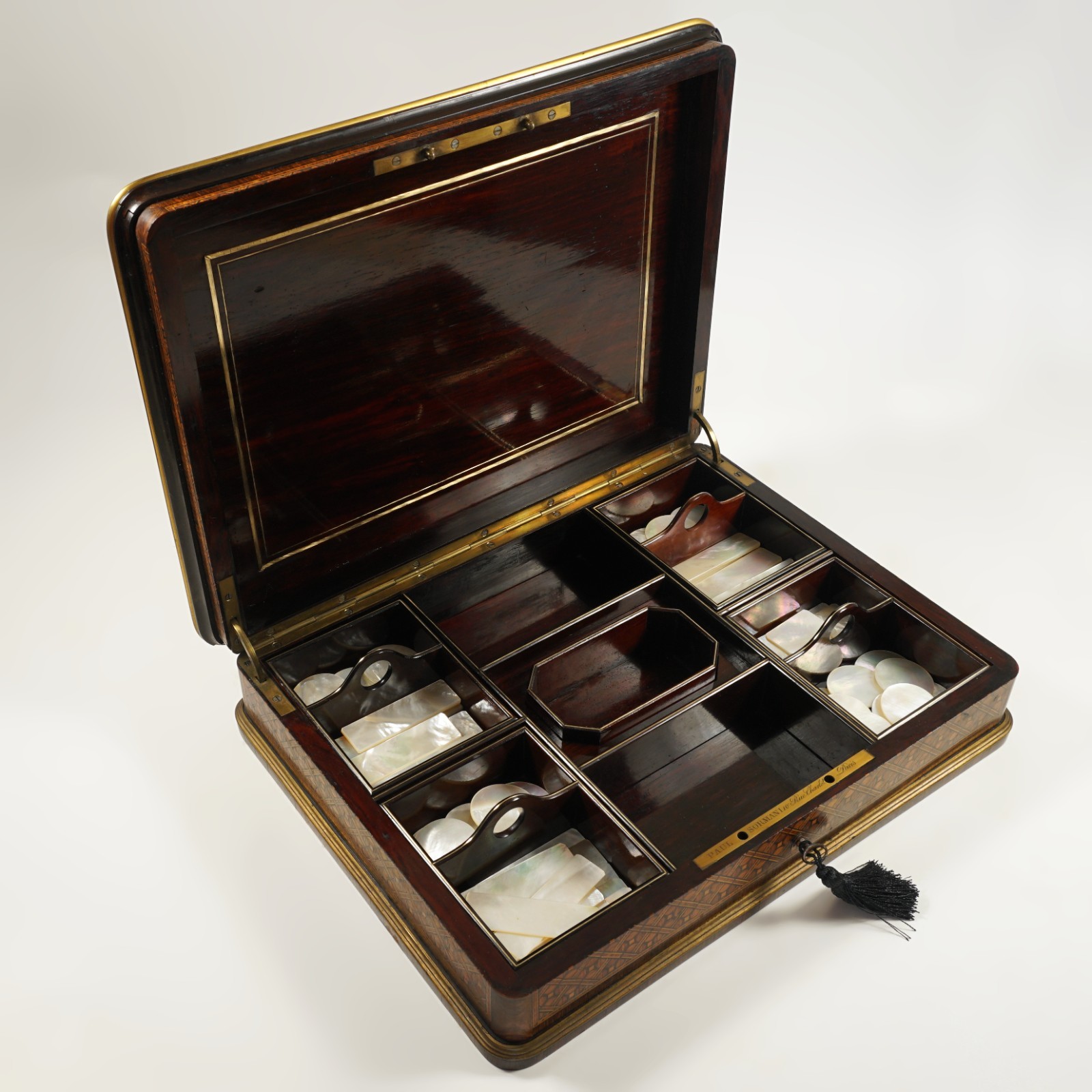 Antique French Marquetry Wood Inlaid Gaming Box Pearl Tokens Signed Paul SORMANI
