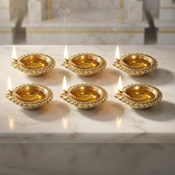 Brass Diya Set of 6 Indian Oil Lamp Decorative Pooja Diwali Festival Decor