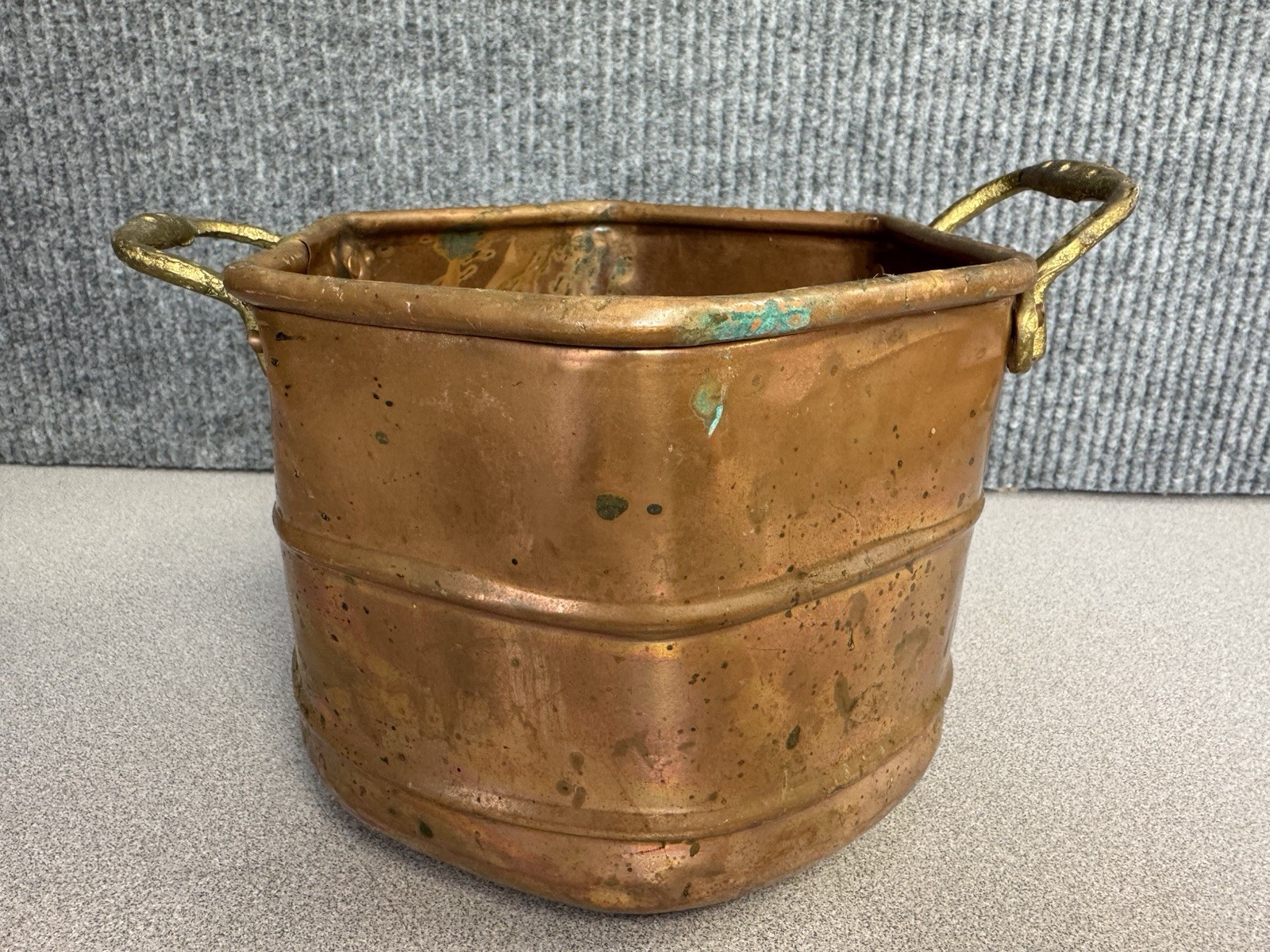 Vintage Turkish Hammered Copper Planter Bucket with Brass Handles