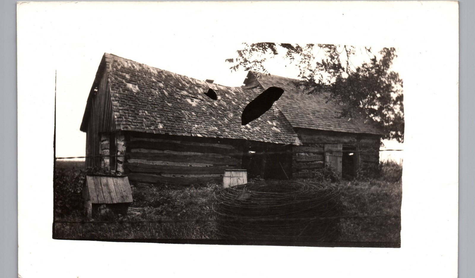 PIONEER LOG CABIN c1910 real photo postcard rppc crude dwelling barbed wire