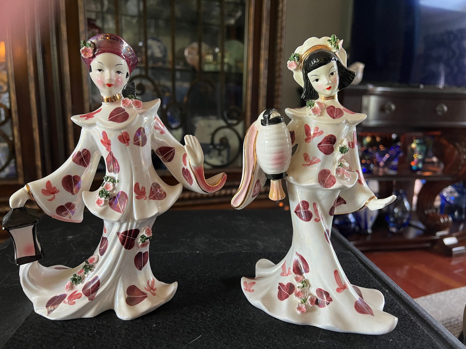 Vintage 1956 Signed Geo Z. Lefton Porcelain East Asian Dancers with Lantern