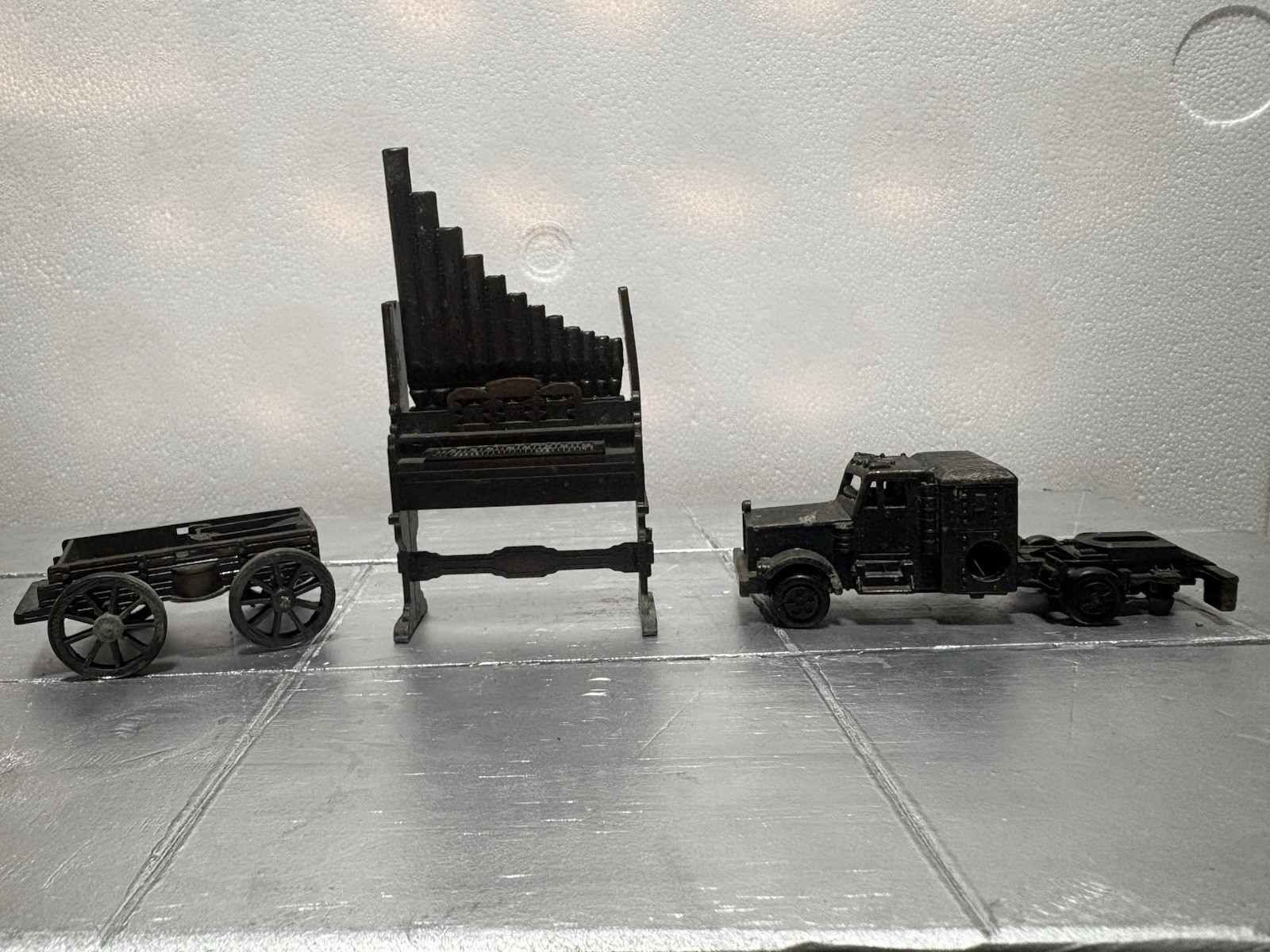 Lot of 3 Vintage Die Cast Metal Pencil Sharpeners Organ Wagon Semi Truck