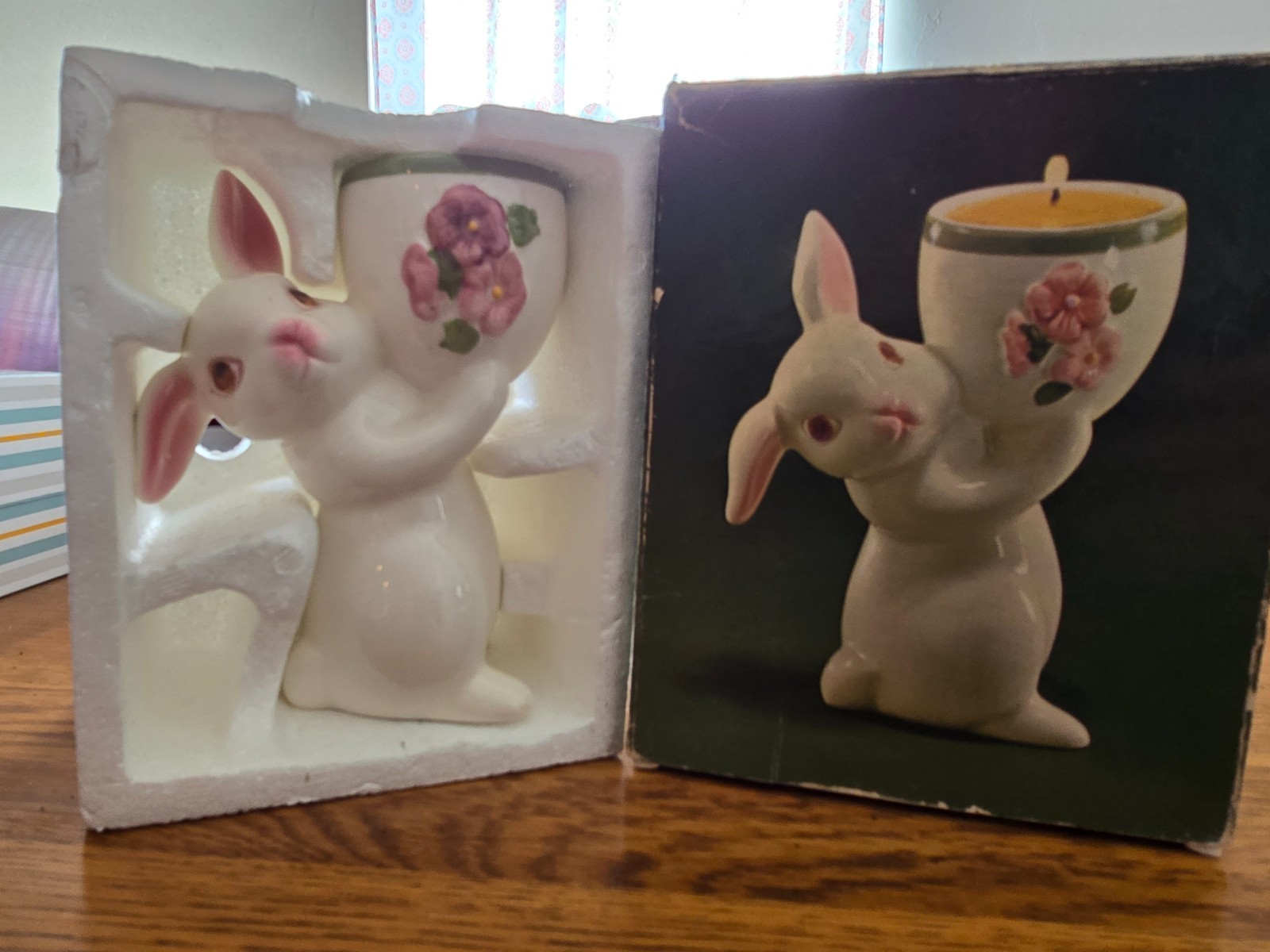 Vintage 1981 Avon Sunny Bunny Ceramic Candle Holder Rabbit Flowers Original Box