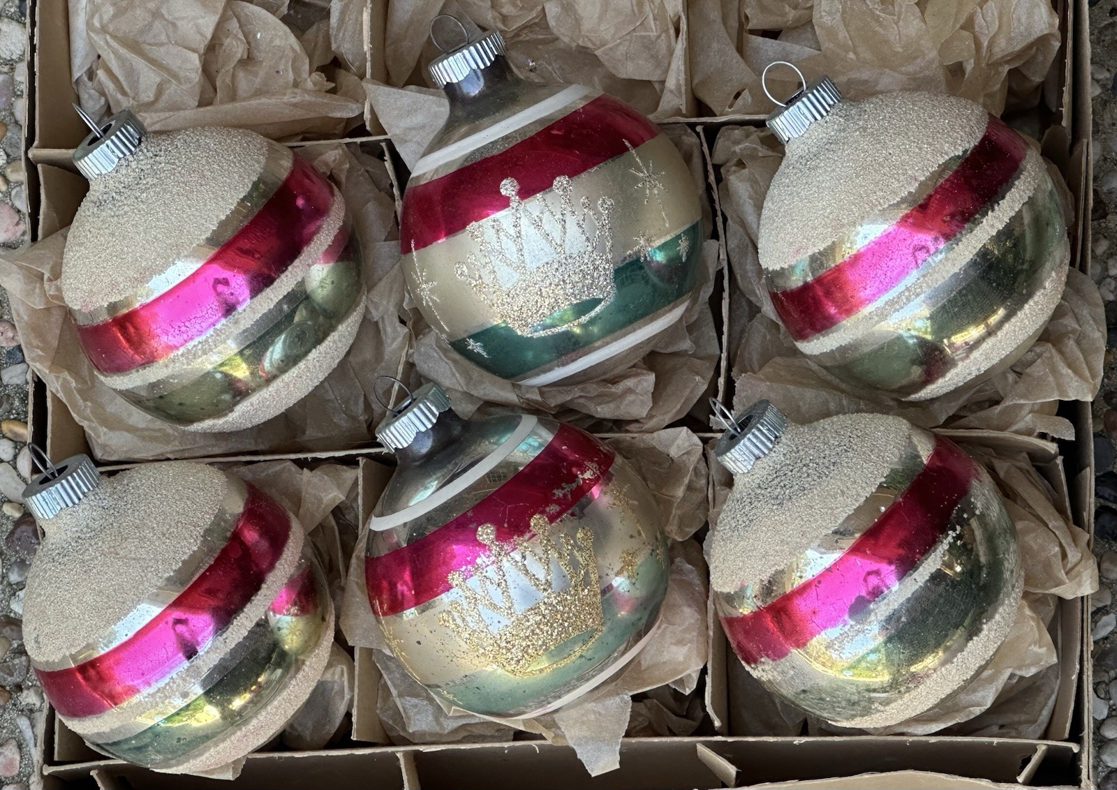 Vintage Shiny Brite Made In USA Mica Stripe Stencil Glass Ornaments 