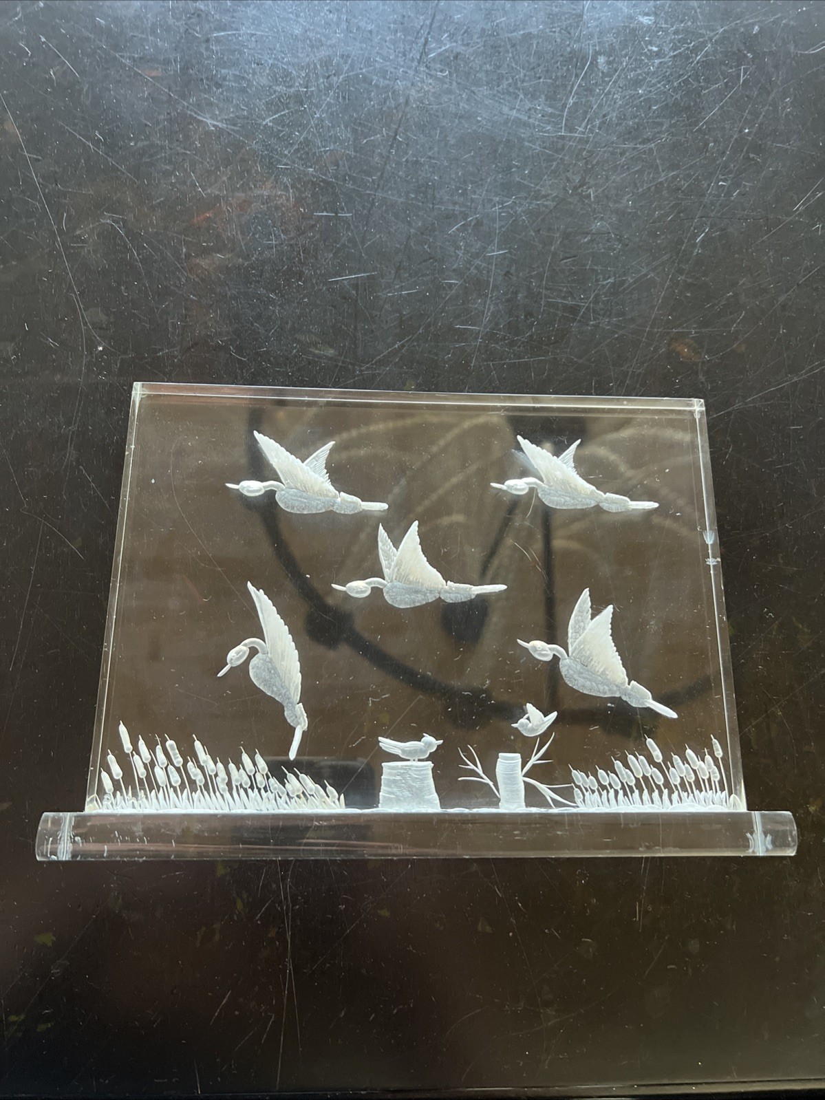 Purk Signed Vintage Hand Etched Lucite or Acrylic Geese Art ~9” Wide x 6” Tall
