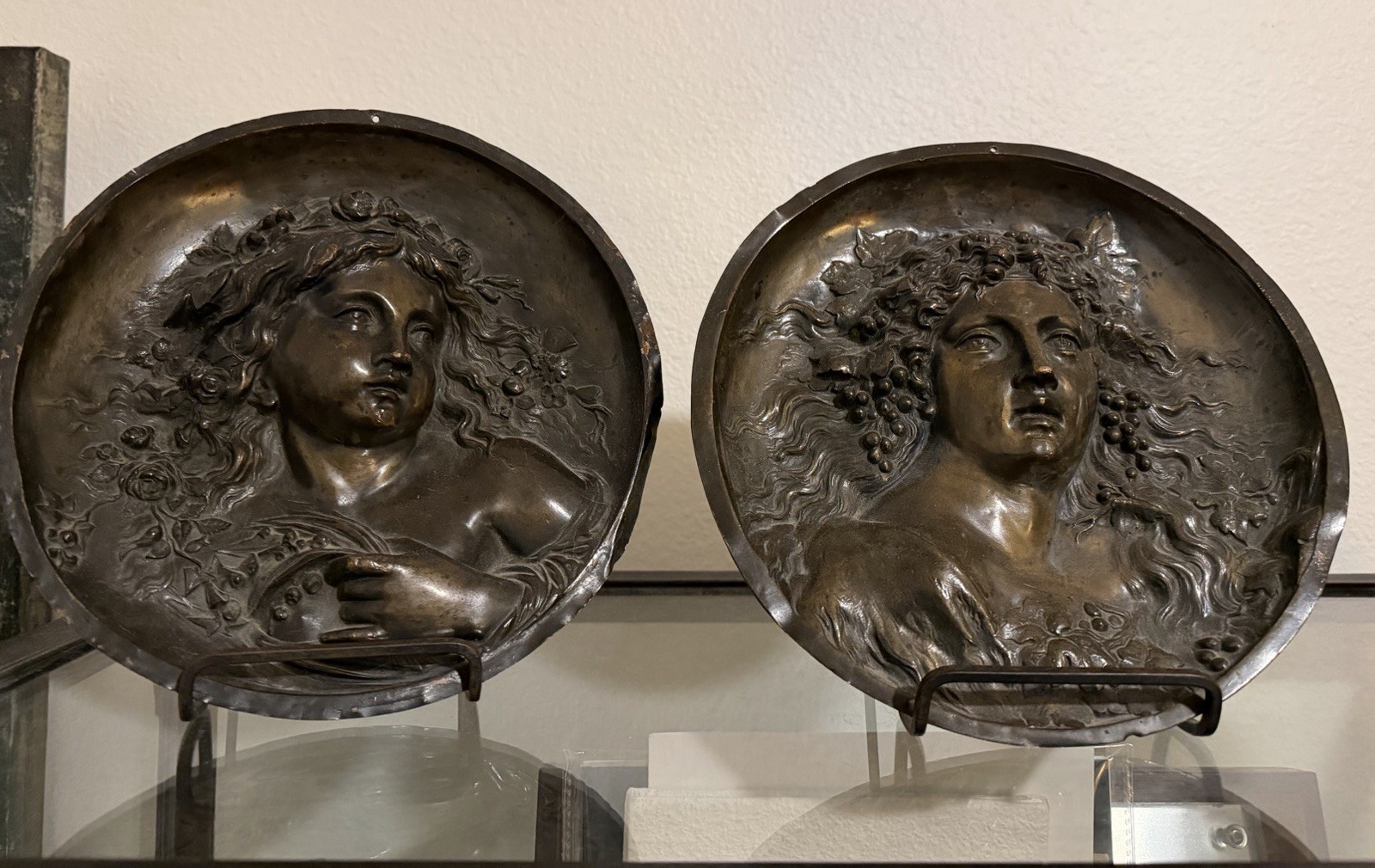 Pair of Antique Art Nouveau 9”Allegorical Bronze High-Relief Plaques