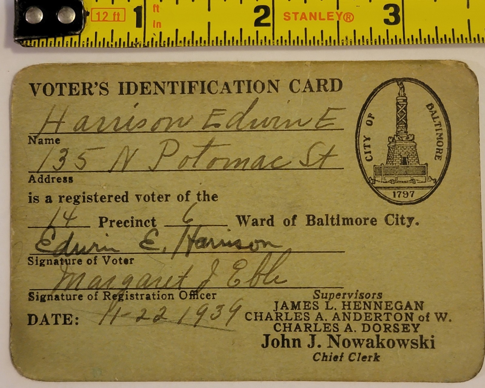 Antique Vintage 1939 City Of Baltimore Paper Voter's Registration Card Maryland 
