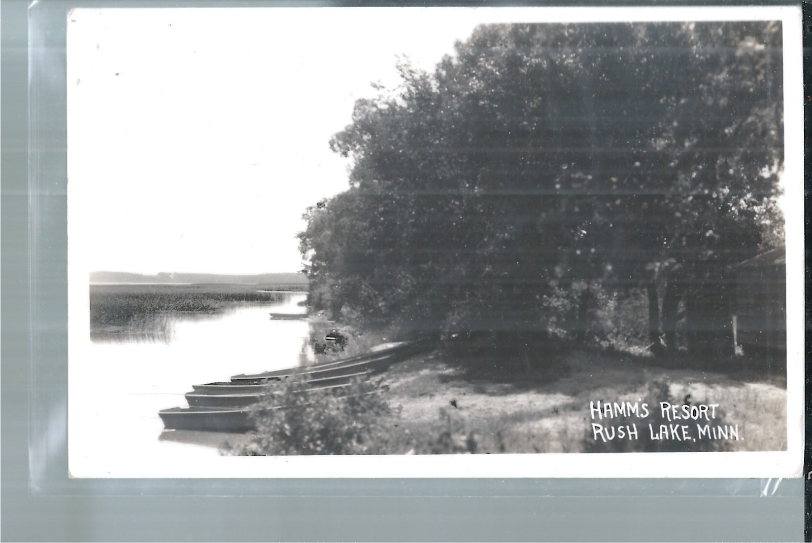 NICE RPPC VIEW OF BOATS AT THE SHORE OF HAMMS RESORT IN RUSH LAKE, MN
