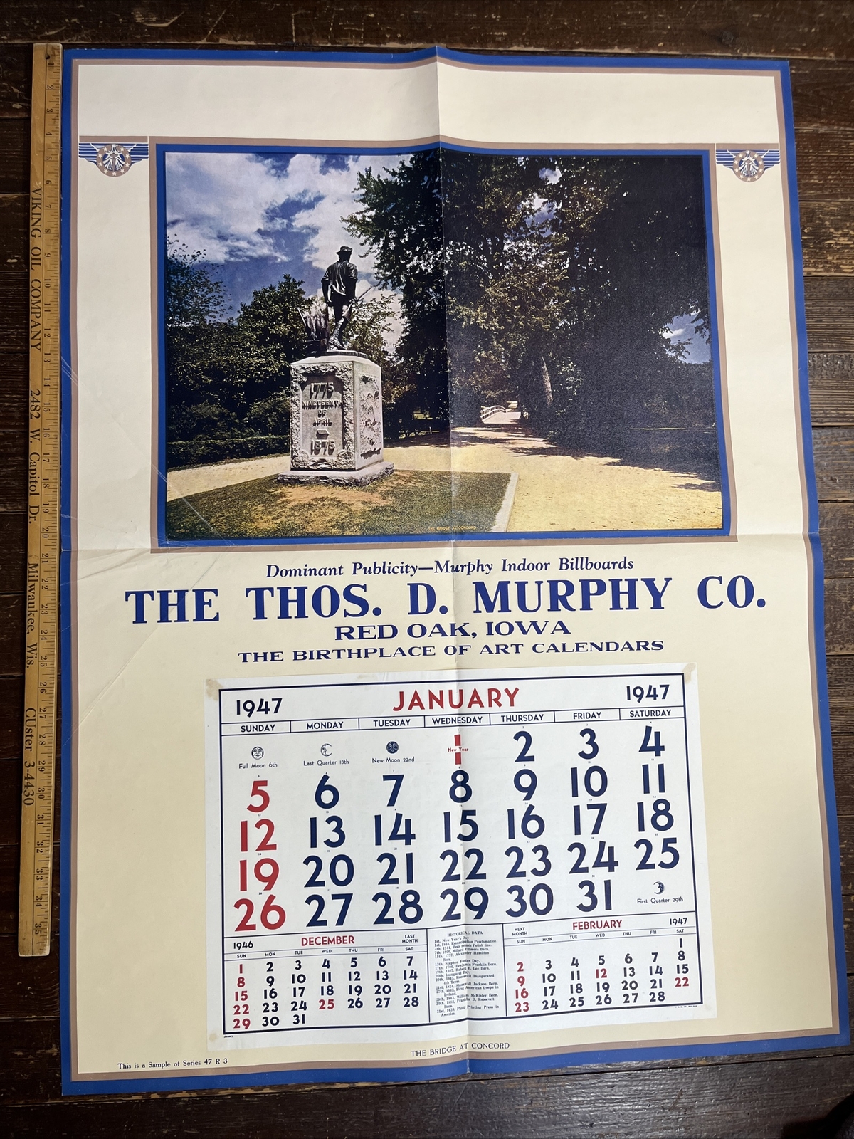 1947 Salesman Copy Calendar The Bridge At Concord Iowa Series 49R3 RARE VTG