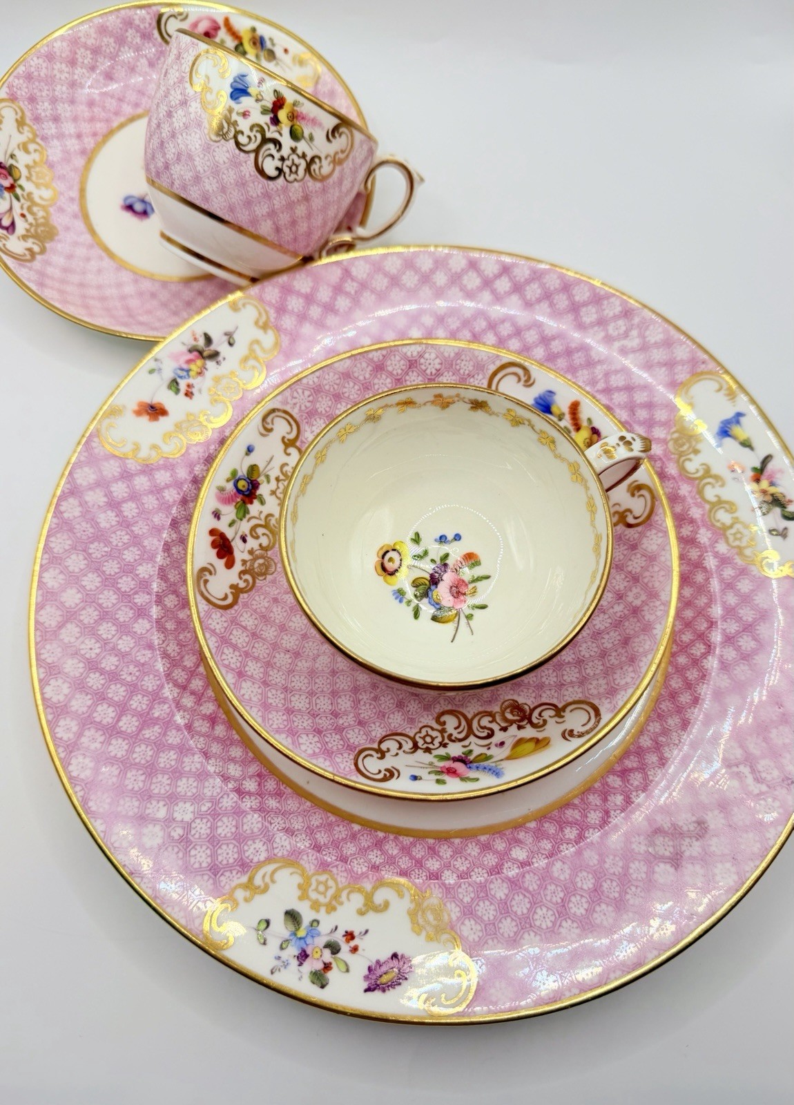 Antique c.1830 England Hand Painted Cups & Saucers Plate Teacup Coalport Alcock?