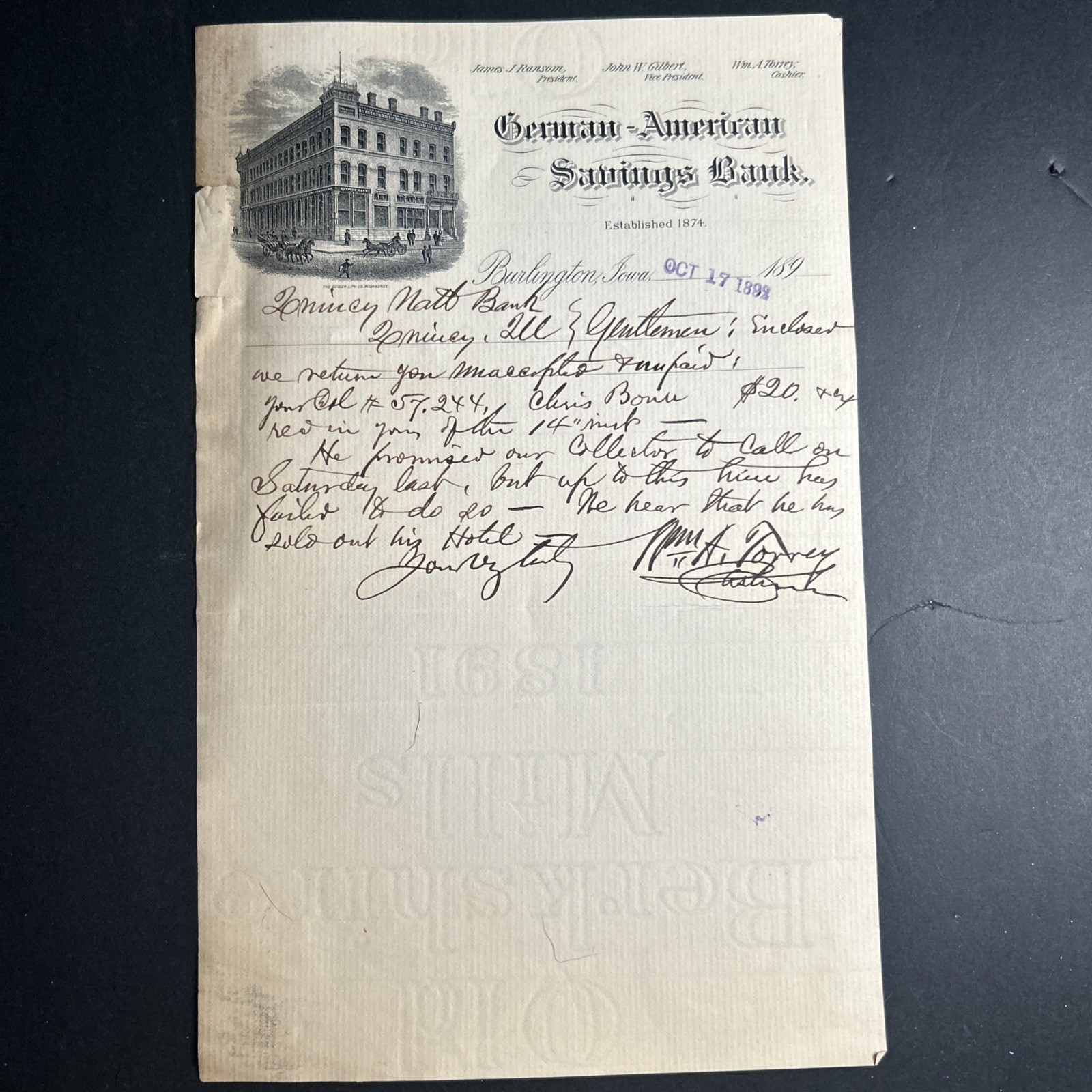 1892 German American Savings Bank Burlington Iowa Financial Document