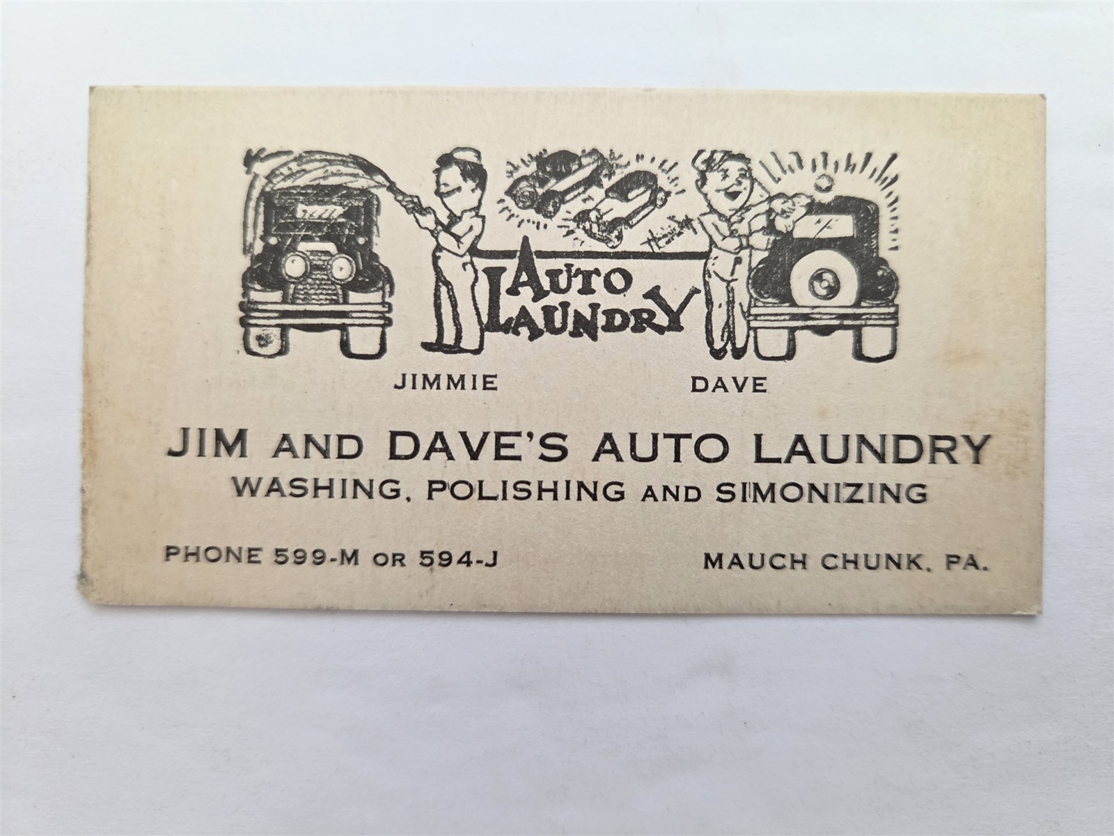 1930s antique JIM & DAVE'S AUTO LAUNDRY mauch chunk pa BUSINESS CARD