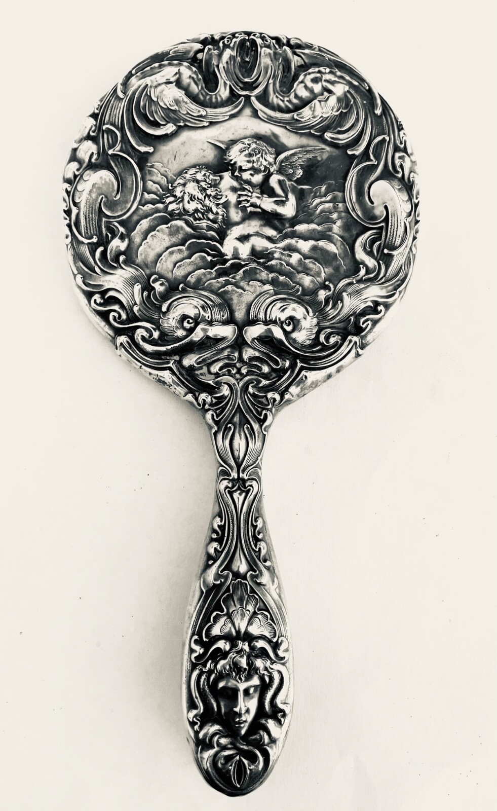 WOW---Antique Art Nouveau Unger Brothers Sterling Silver Repousse  Mirror, 8.285