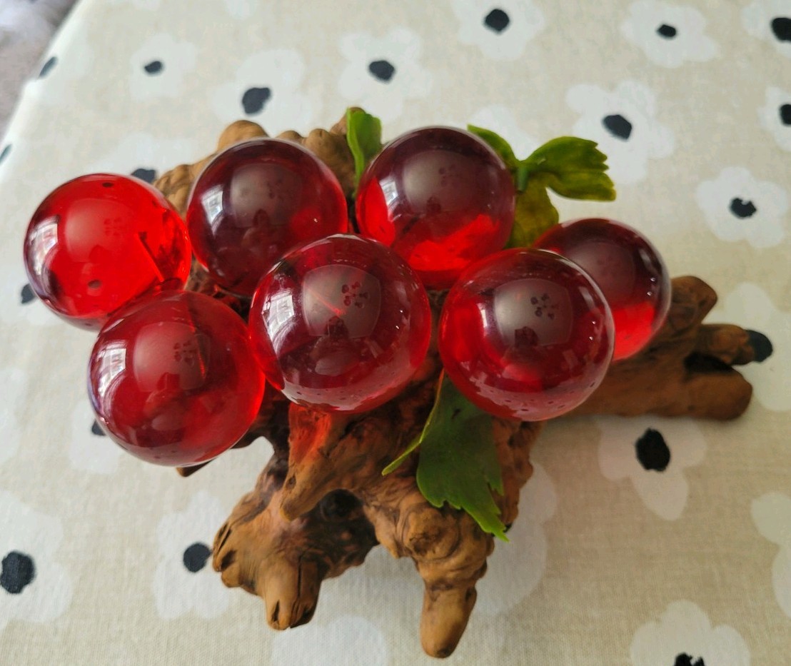 Vintage Large Lucite Red Grapes on Burlwood Mid Centtury Modern