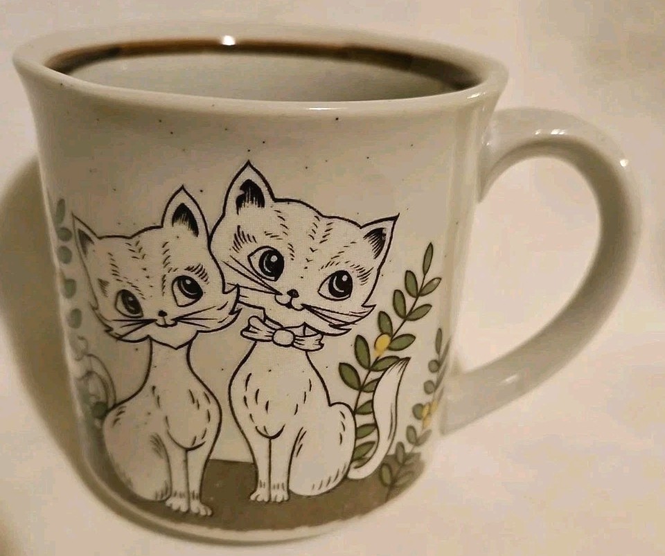 Vintage 1970s Stoneware Happy Cats Kitty Coffee Mug Brown & Green 10 oz