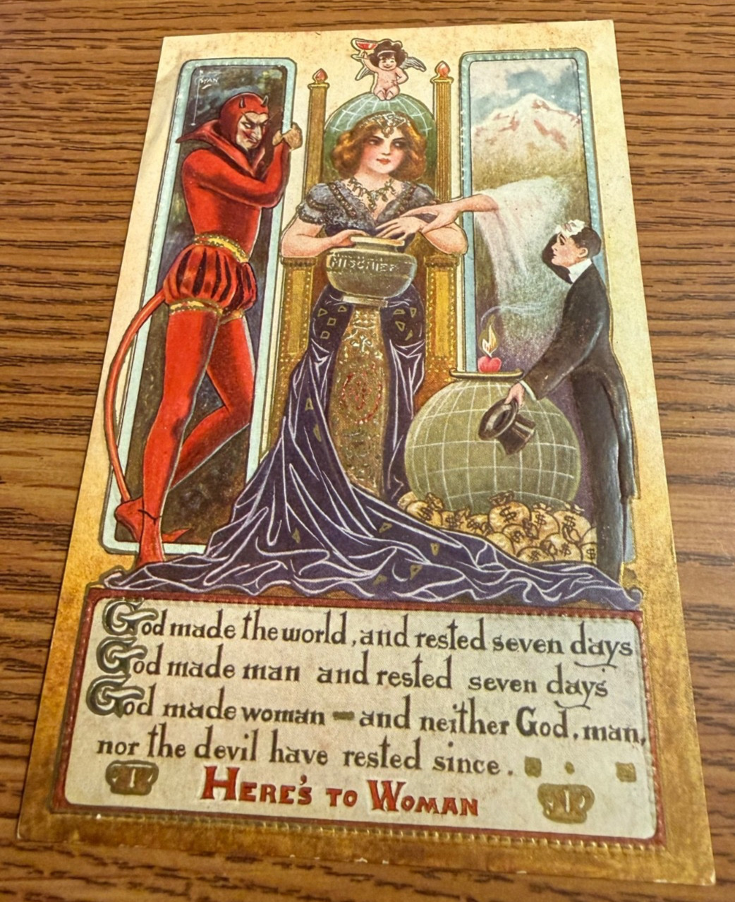C Ryan Artist Signed Art Nouveau Devil HERES TO WOMAN A-292 Winch Postcard