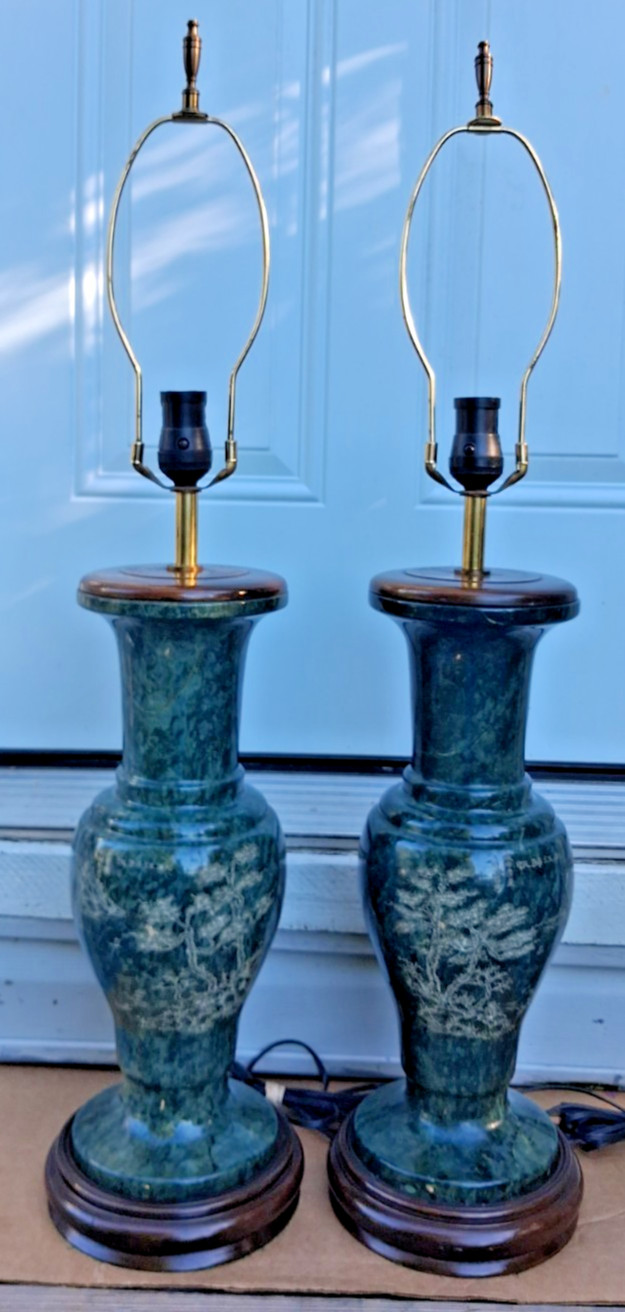 VTG Large Solid Green Marble Chinese Urn Table Lamps with Wooden Base 31-1/2 IN.