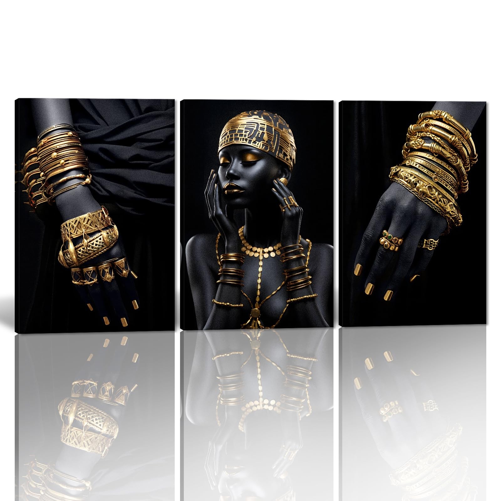 MAMAGO 3 Panels African American Woman Gold Jewelry Black & Gold Canvas