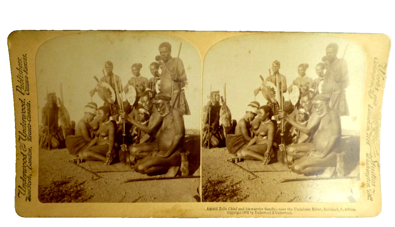 STEREOVIEW PHOTO ZULU CHIEF & HIS  WARRIOR FAMILY ZULULAND S. AFRICA 1902