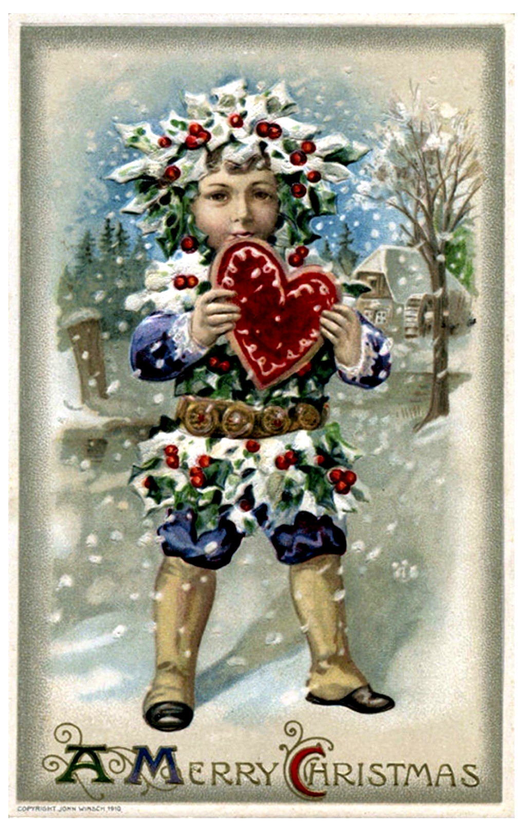 RARE~Winsch~Christmas~Boy in Holly Suit with Heart~Antique Fantasy Postcard~s590