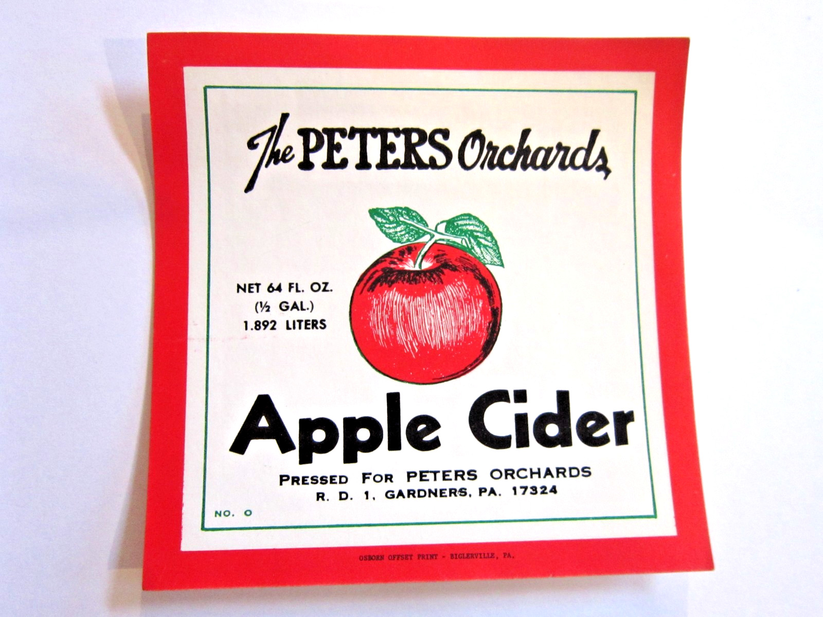 Vintage Peters Orchards Gardeners Pennsylvania Apple Cider Unused Paper Label