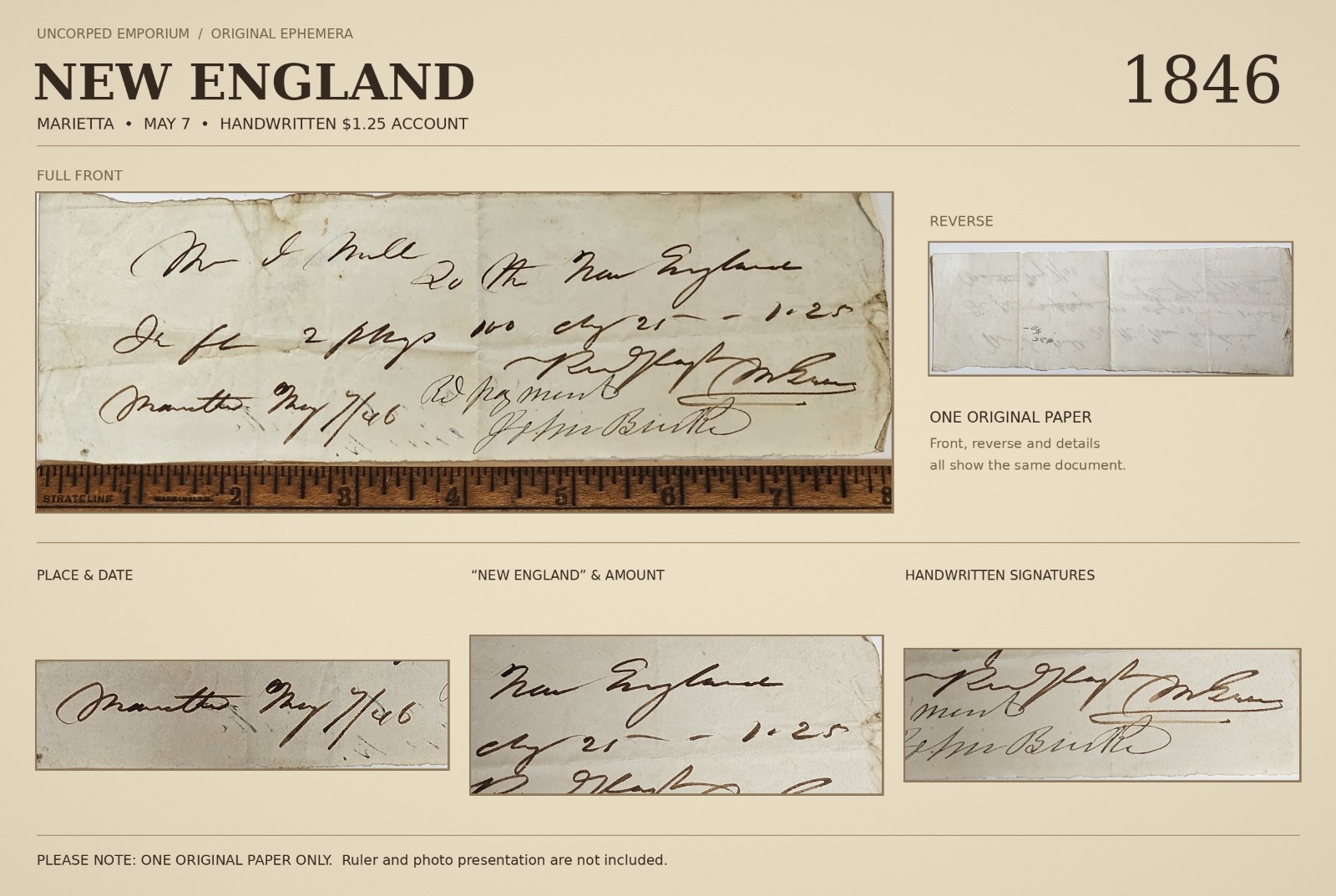 1846 New England Marietta Ohio Handwritten Receipt $1.25 Antique Paper