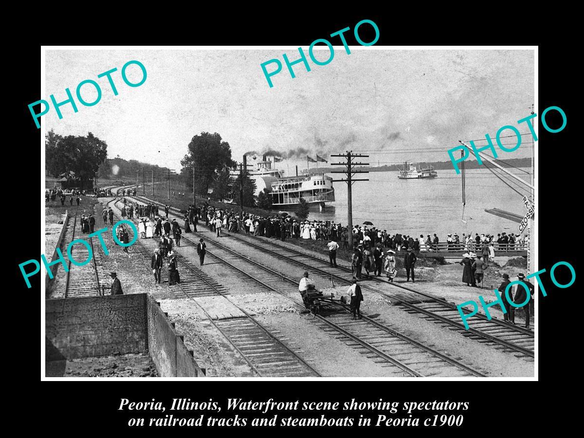 OLD LARGE HISTORIC PHOTO OF PEORIA ILLINOIS VIEW OF WATERFRONT & STEAMBOAT 1900