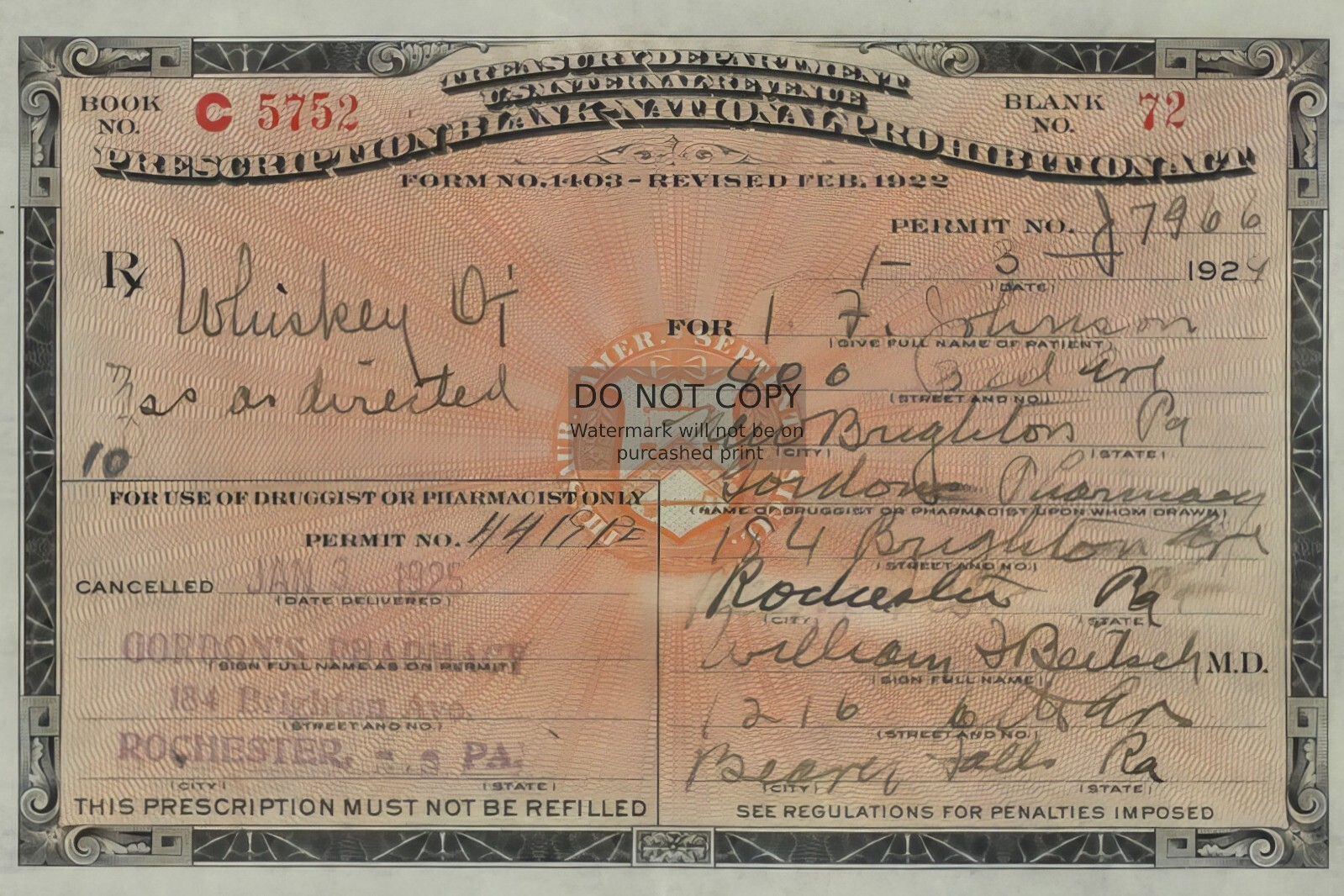 PROHIBITION WHISKEY LIQOUR PRESCRIPTION MEDICINAL 1924 4X6 PHOTO