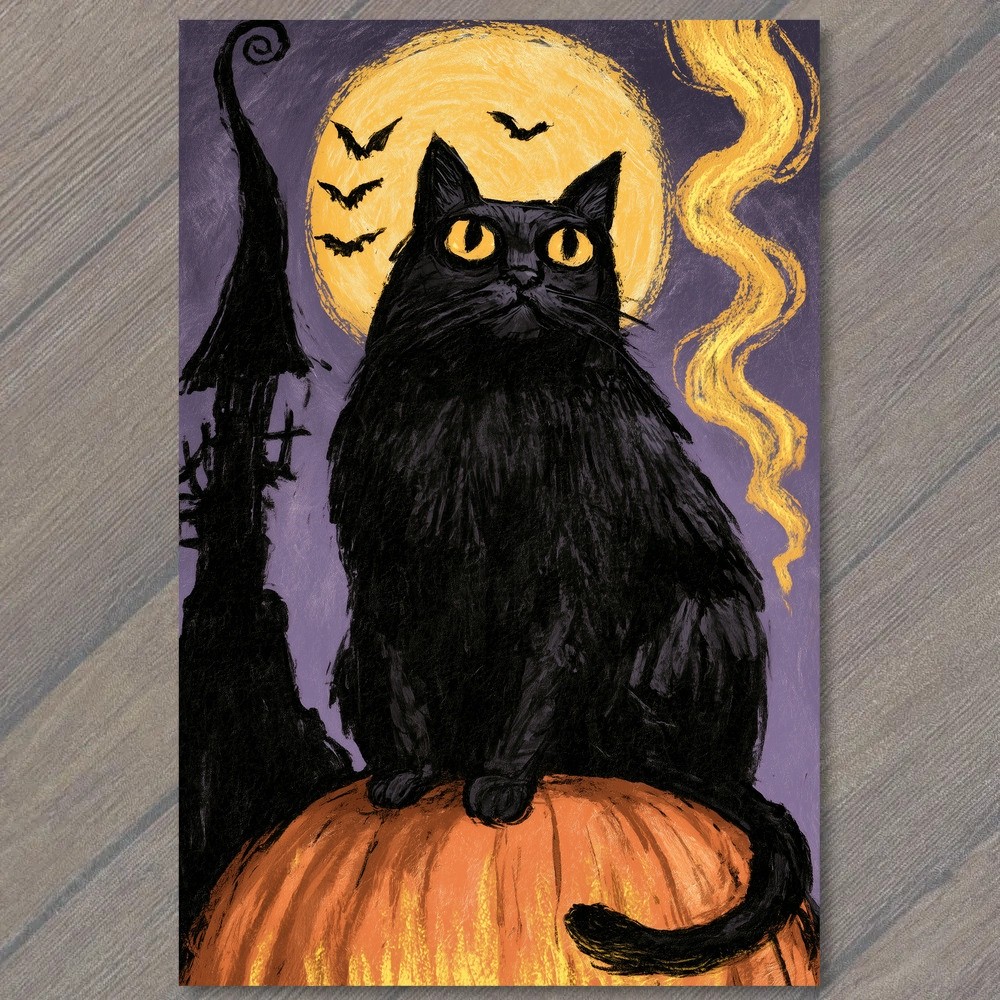 POSTCARD Black Cat Pumpkin Full Moon Bats Haunted Cottagecore Witchy Halloween