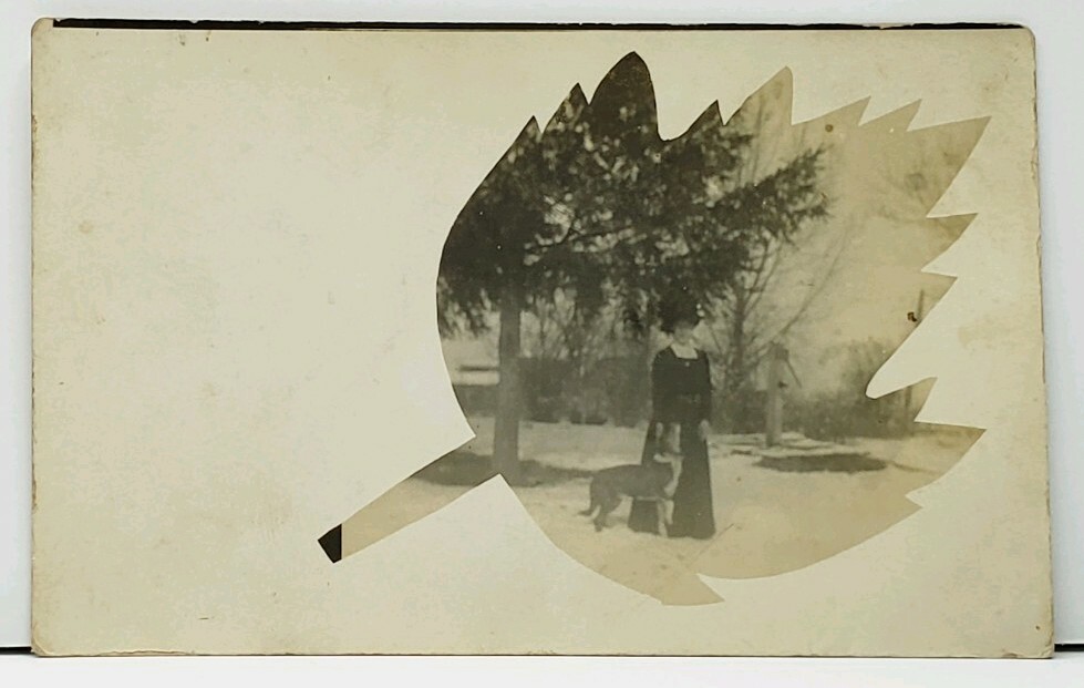 RPPC Unusual Masked Leaf Border Woman walking Dog Postcard H12