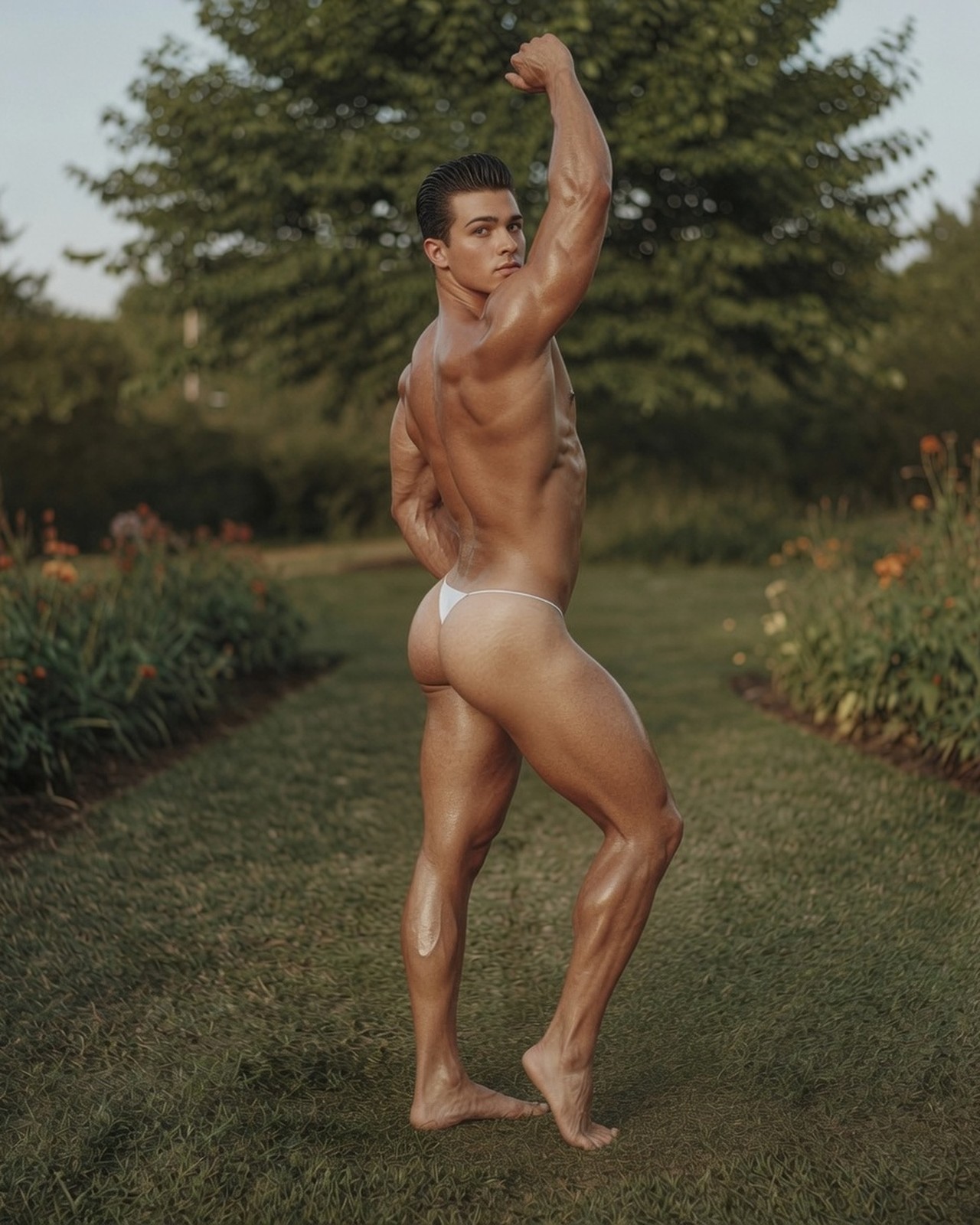 Gay Interest White Male Physique Outdoor Garden Flexing Photo Print M007274