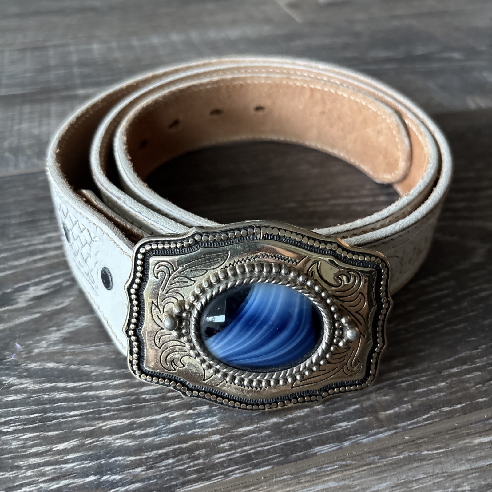 Vtg Blue Ribbon Rockmount Ranch Wear Western Unisex Belt, Silver Blue Stone- 46”