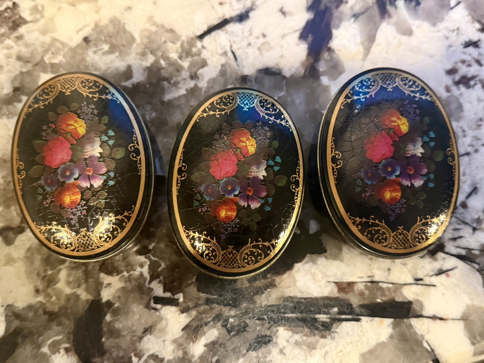 Vintage Small Oval Tins - Multi Flowers on Black MetalBoxesSet of Three England 