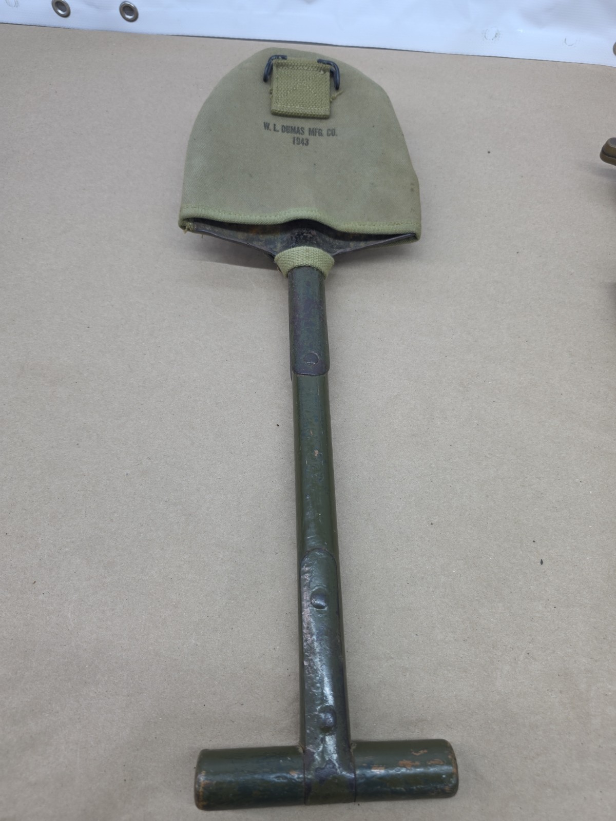 WW2 US Military Entrenching Shovel M-1910 T-Handle E-Tool with Cover Pouch 1943