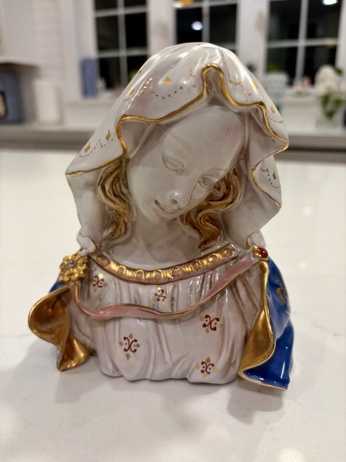 Vintage Italian Terracotta Madonna Bust Mid-Century Florentine Gold Hand Painted