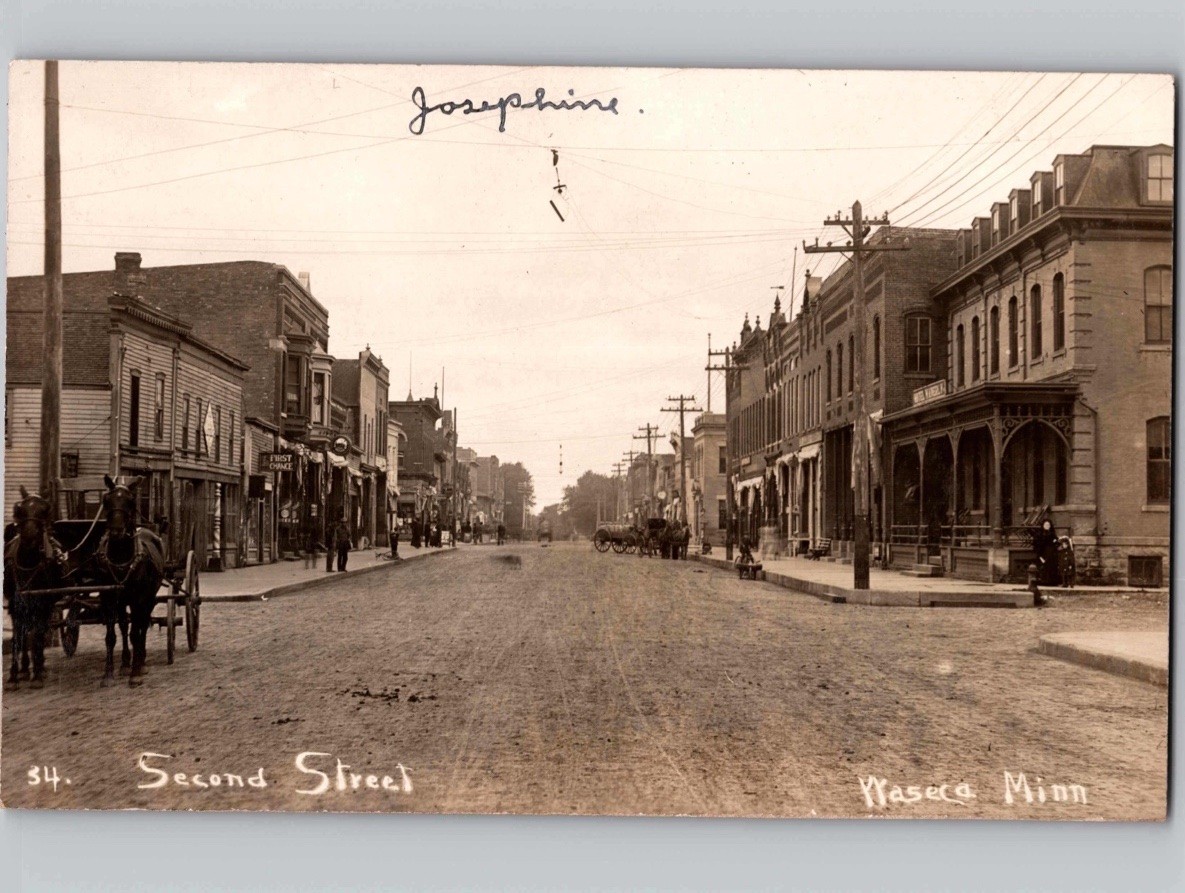 c1910 Second Street View Horse & Buggy Waseca Minnesota MN RPPC Real Photo Postc