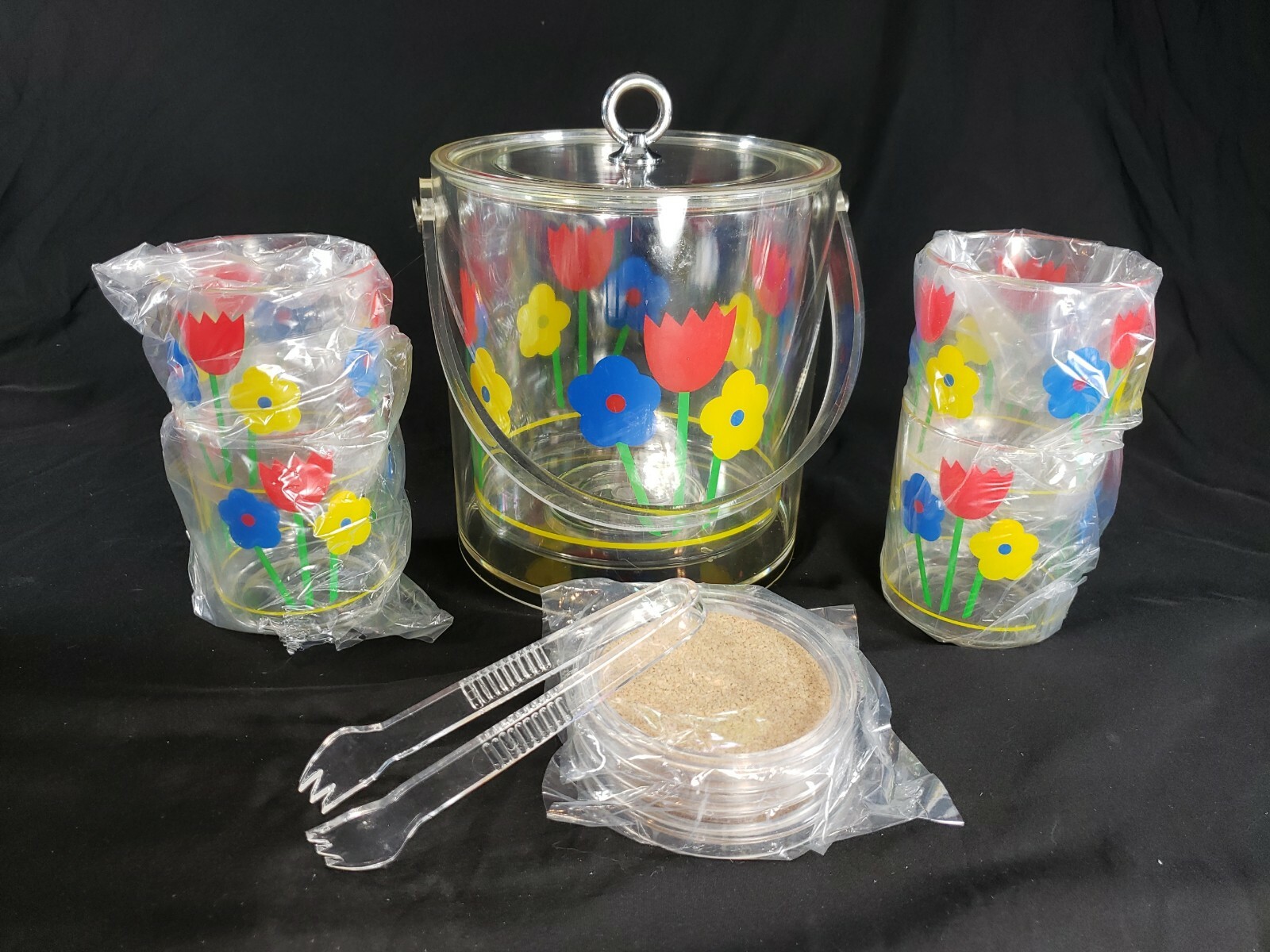 VTG NEW Ice Bucket Tumbler Set Tongs Coasters Floral NOS Party Time Plastic   