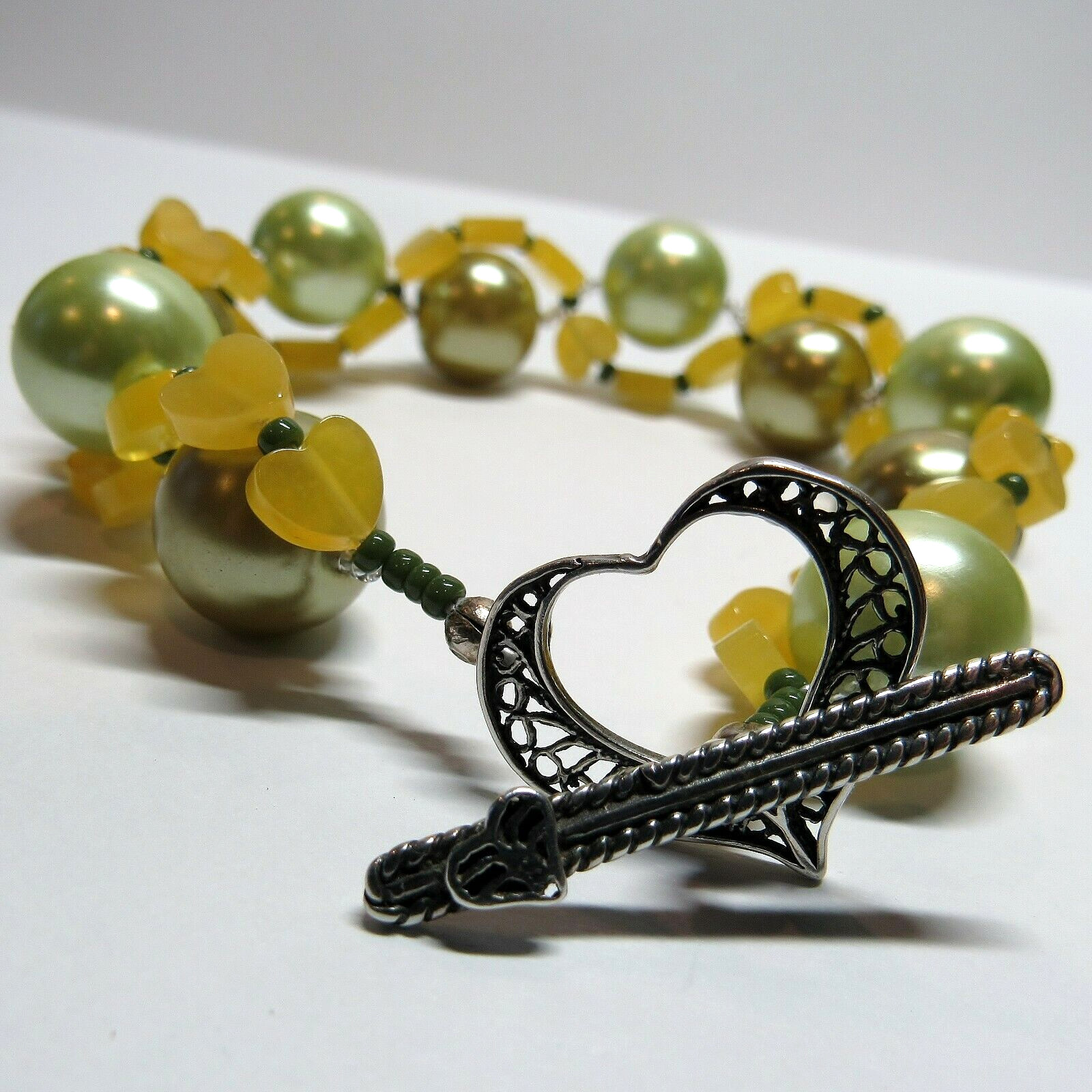 Sterling 925 Silver Toggle Clasp Beaded Yellow Green Cluster Heart Bracelet