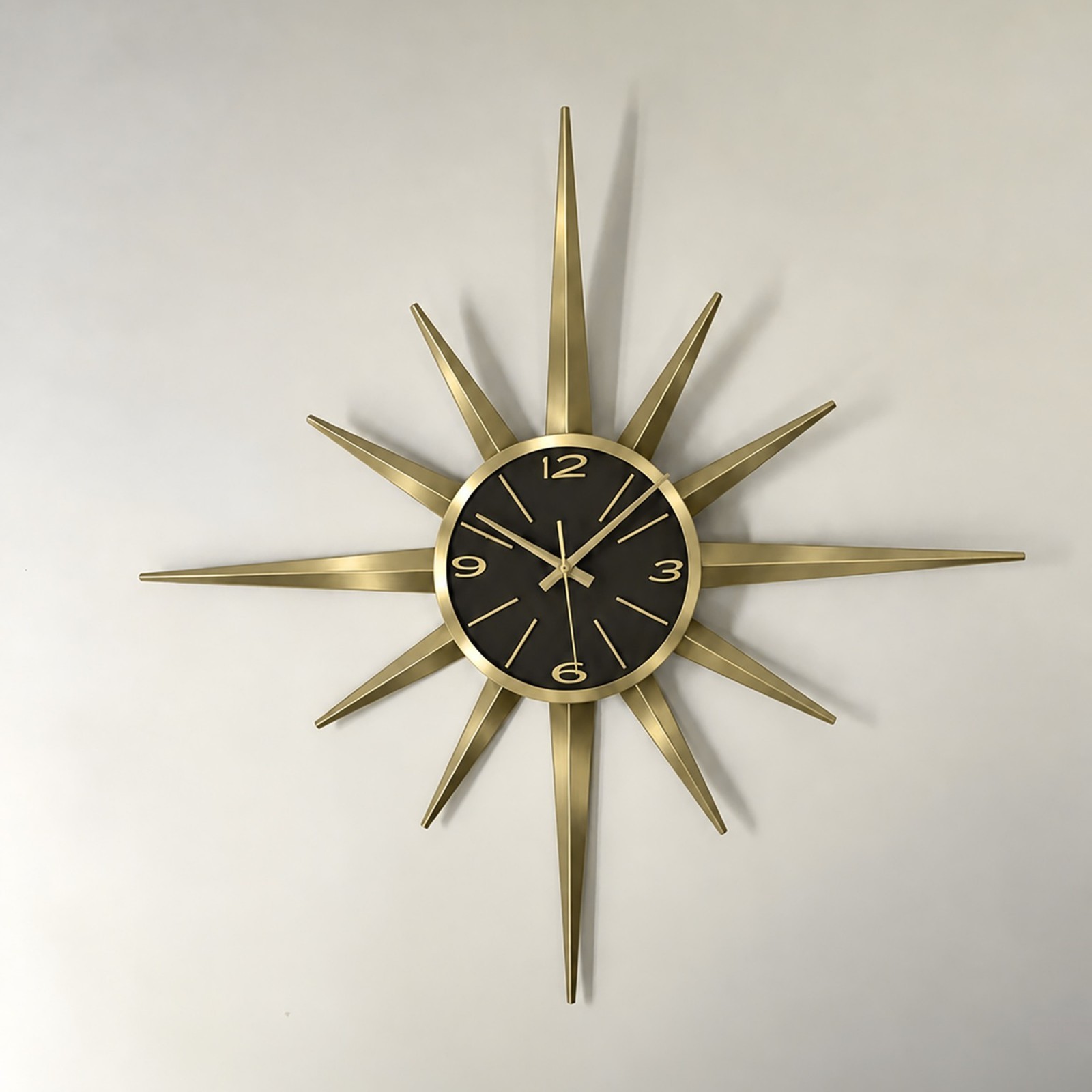 Retro Starburst Sunburst Wall Clock MCM Gold Metal Brown Dial Handmade Silent