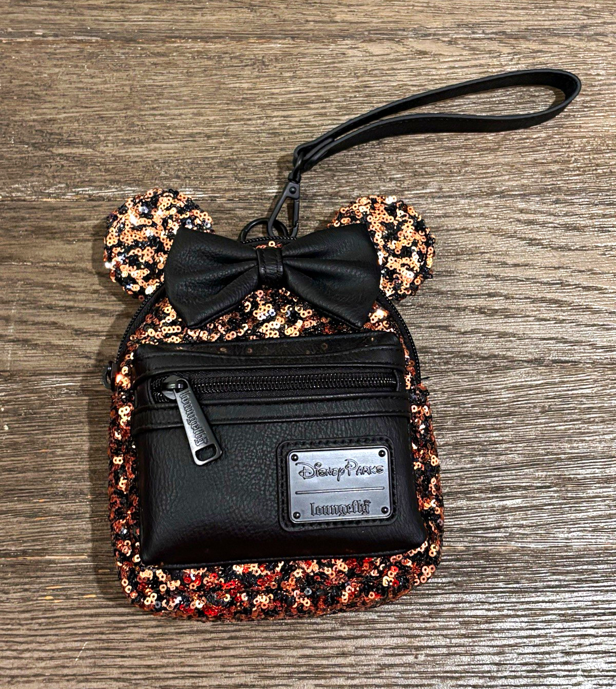 Loungefly Disney Parks Minnie Mouse Rose Gold Sequin Mini Backpack Wristlet