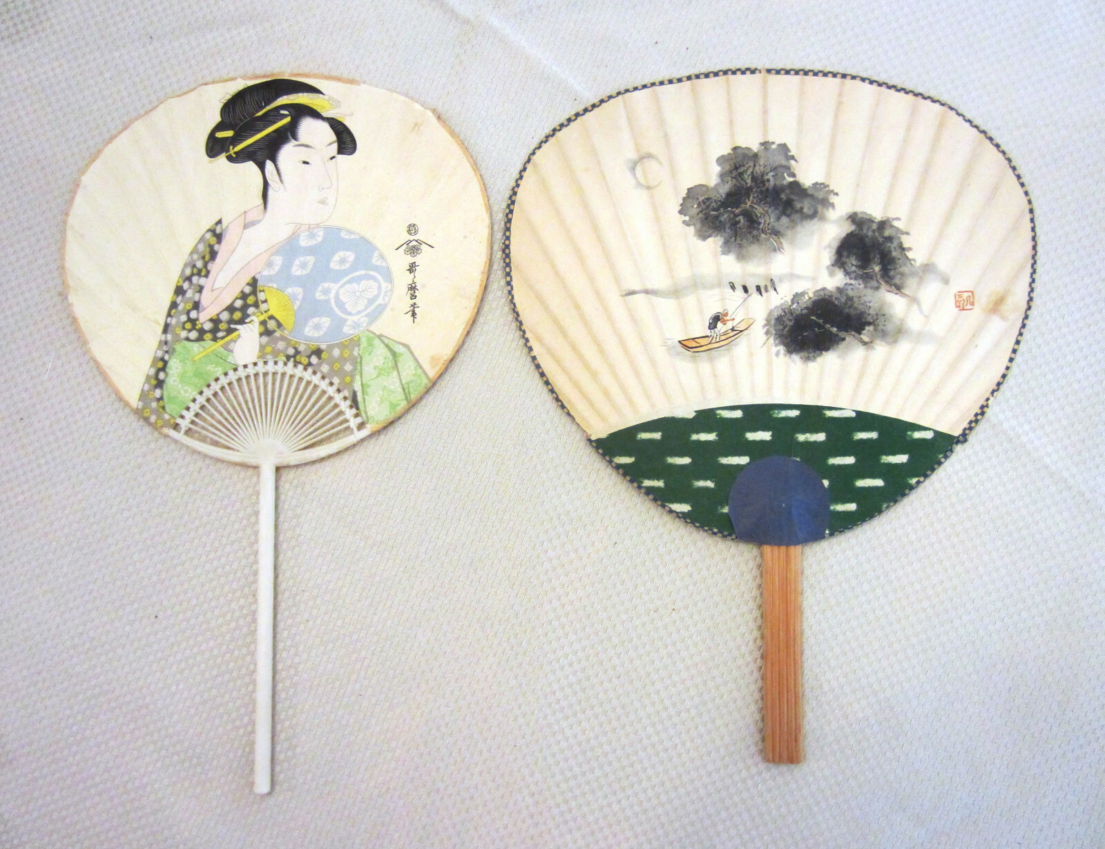 Two Vintage Japanese Silk Paper Paddle Hand Fans