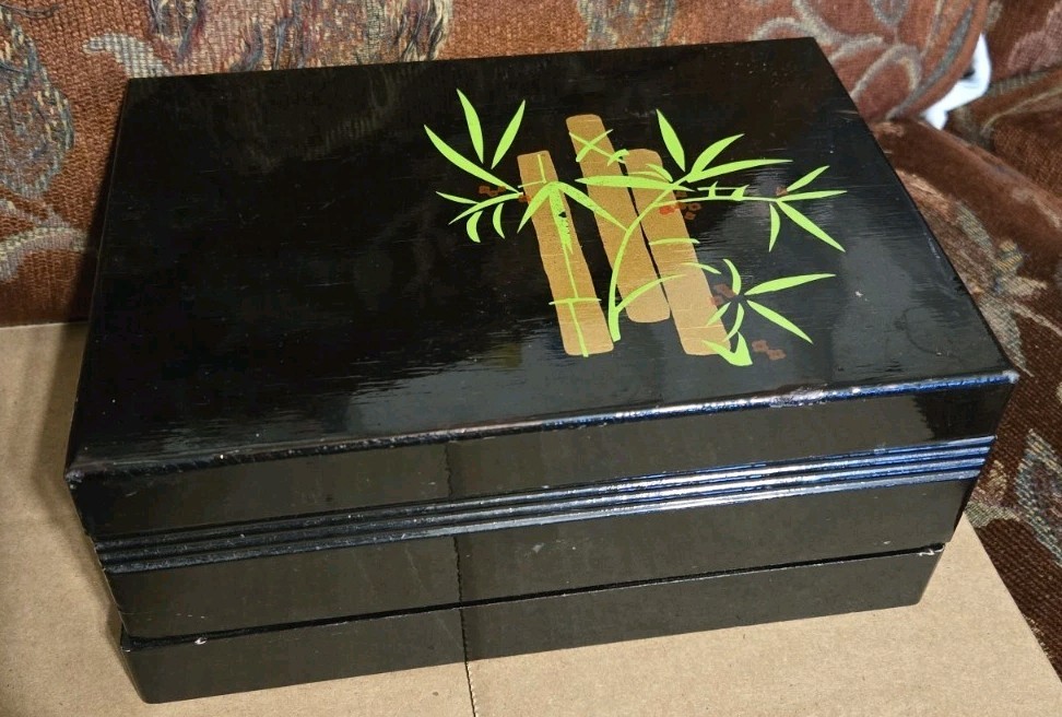 Vtg Wooden Black Lacquer Poker Chip Card Box Case W Dominos Bamboo Motif