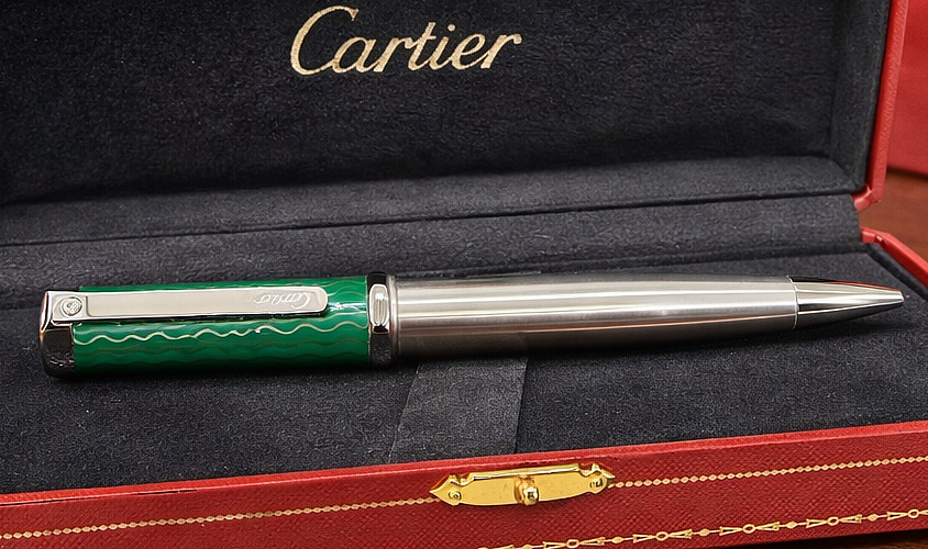 Authentic Cartier Santos de Cartier Green Silver Luxury Ballpoint Pen Limited
