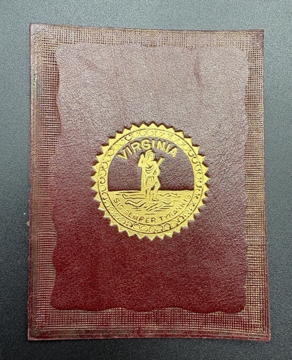 c1910 L23 Virginia State Seal Tobacco Leather 2x2.5 Sic Semper Tyrannis