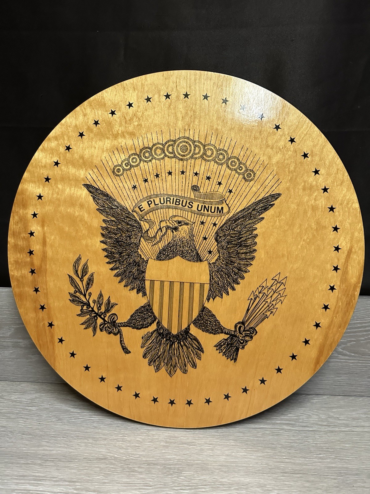Vintage 1960s Great Seal US Wood Plaque Original Ballpoint Pen Folk Art JFK RFK