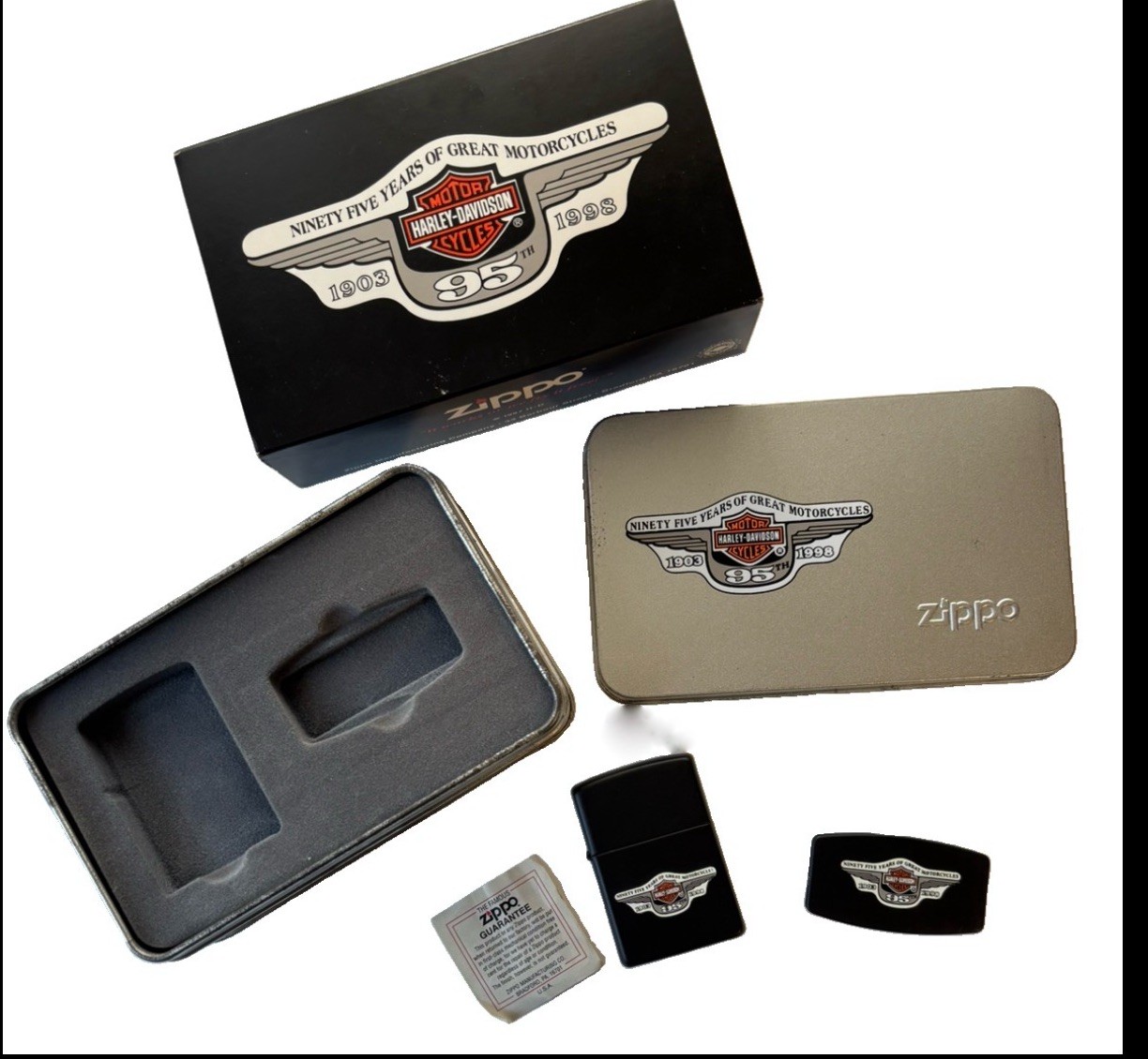Harley Davidson Zippo 95th Anniversary Lighter w Seal & Knife Vtg NOS in Tin BLK