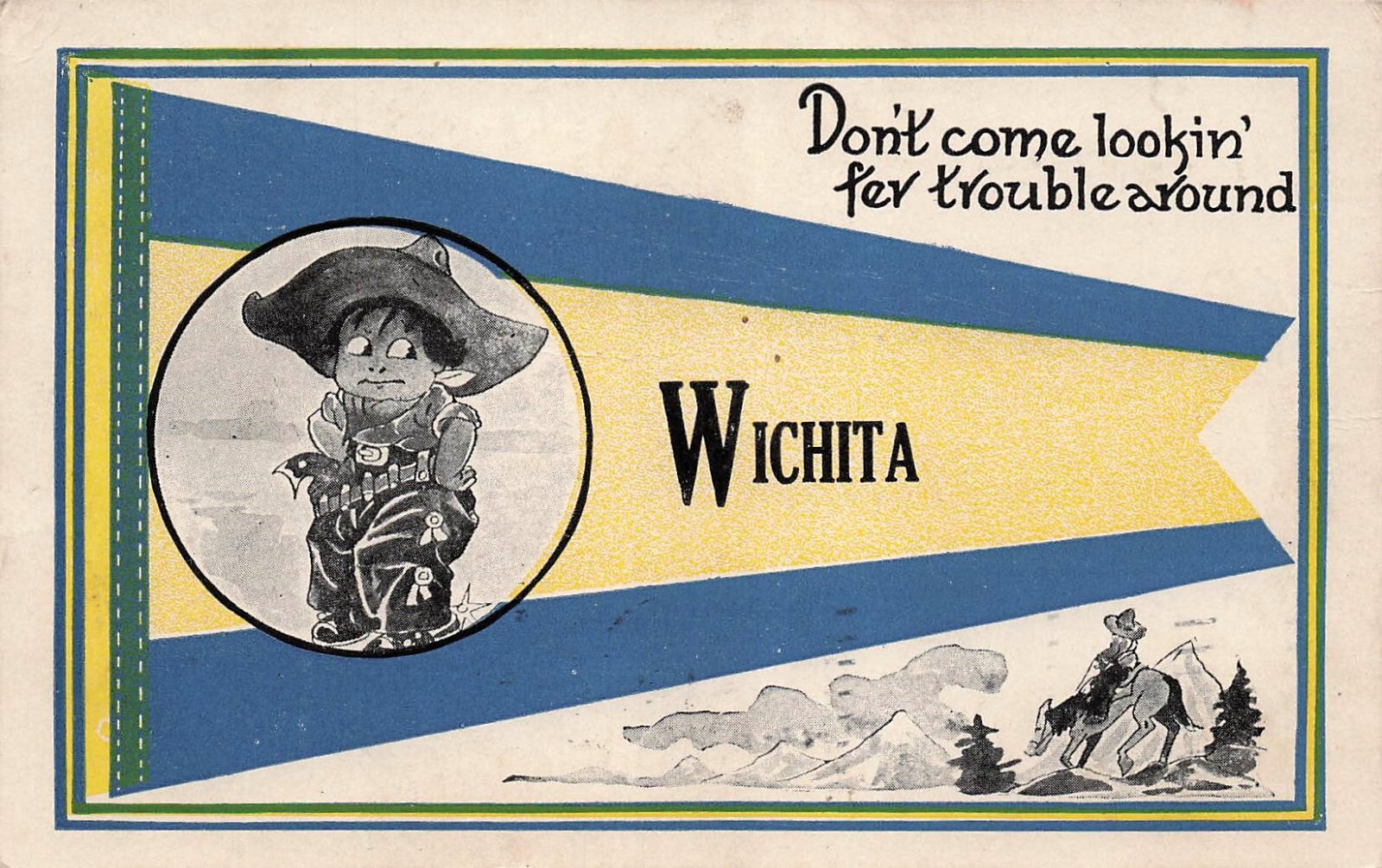 Wichita KS Kansas Pennant Cowboy Western Flag Horse Riding c1913 Vtg Postcard F2