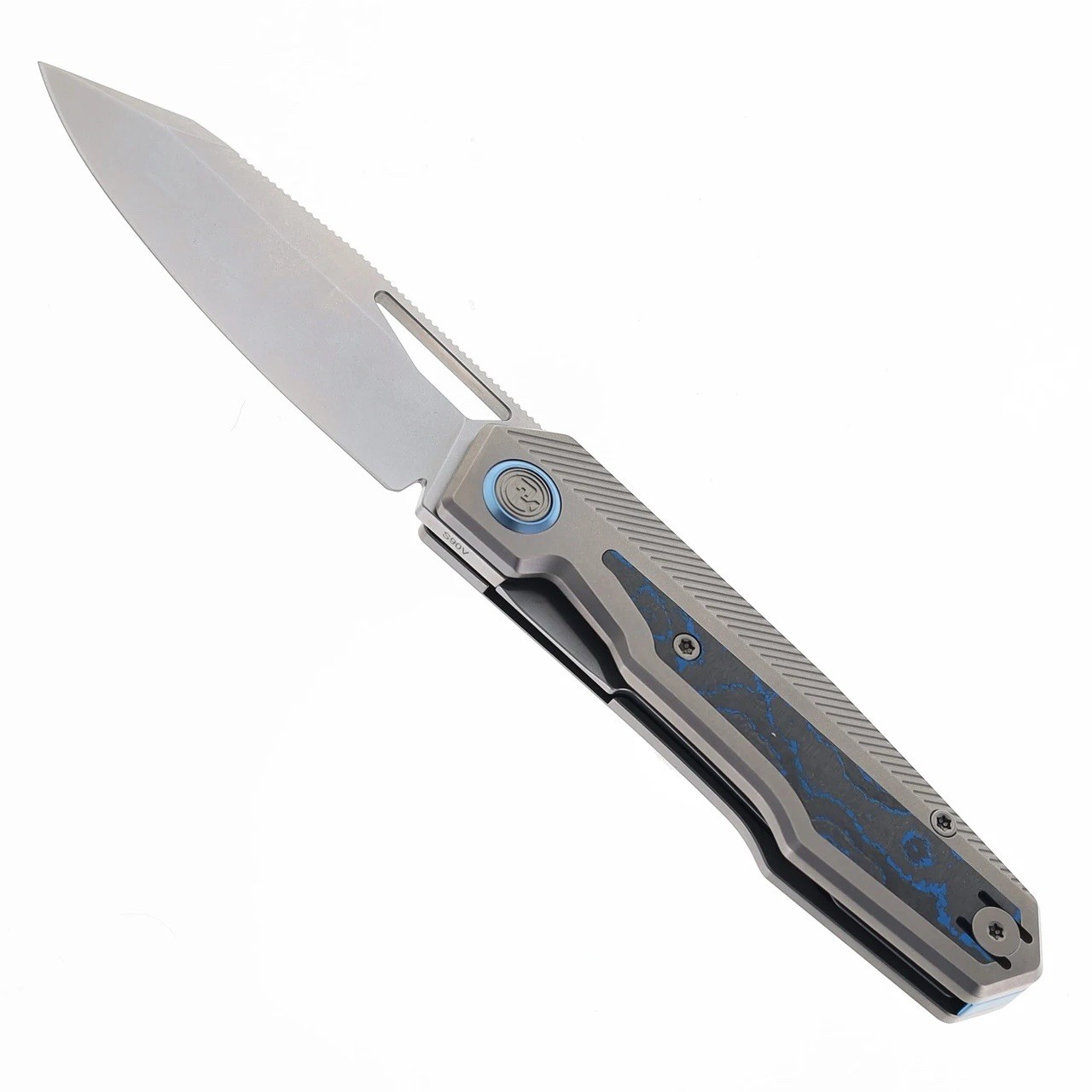 DIVO KNIVES SALOON FOLDING KNIFE TITANIUM W/ BLUE CAMO CARBON INLAY S90V BLADE