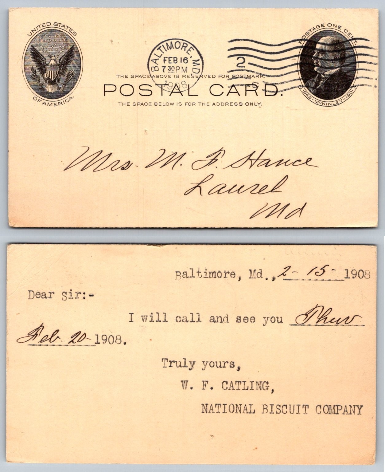 1908 Baltimore MD Postal Card McKinley Stamp National Biscuit Co. Letter