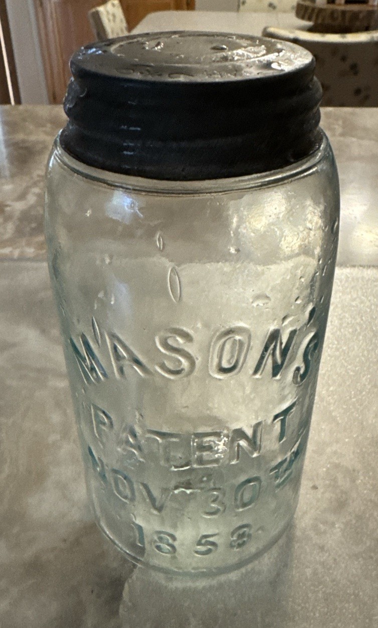 Antique Blue Glass Jar Mason’s Pat Nov 30 1858 Qt 11 With Porcelain Lined Lid